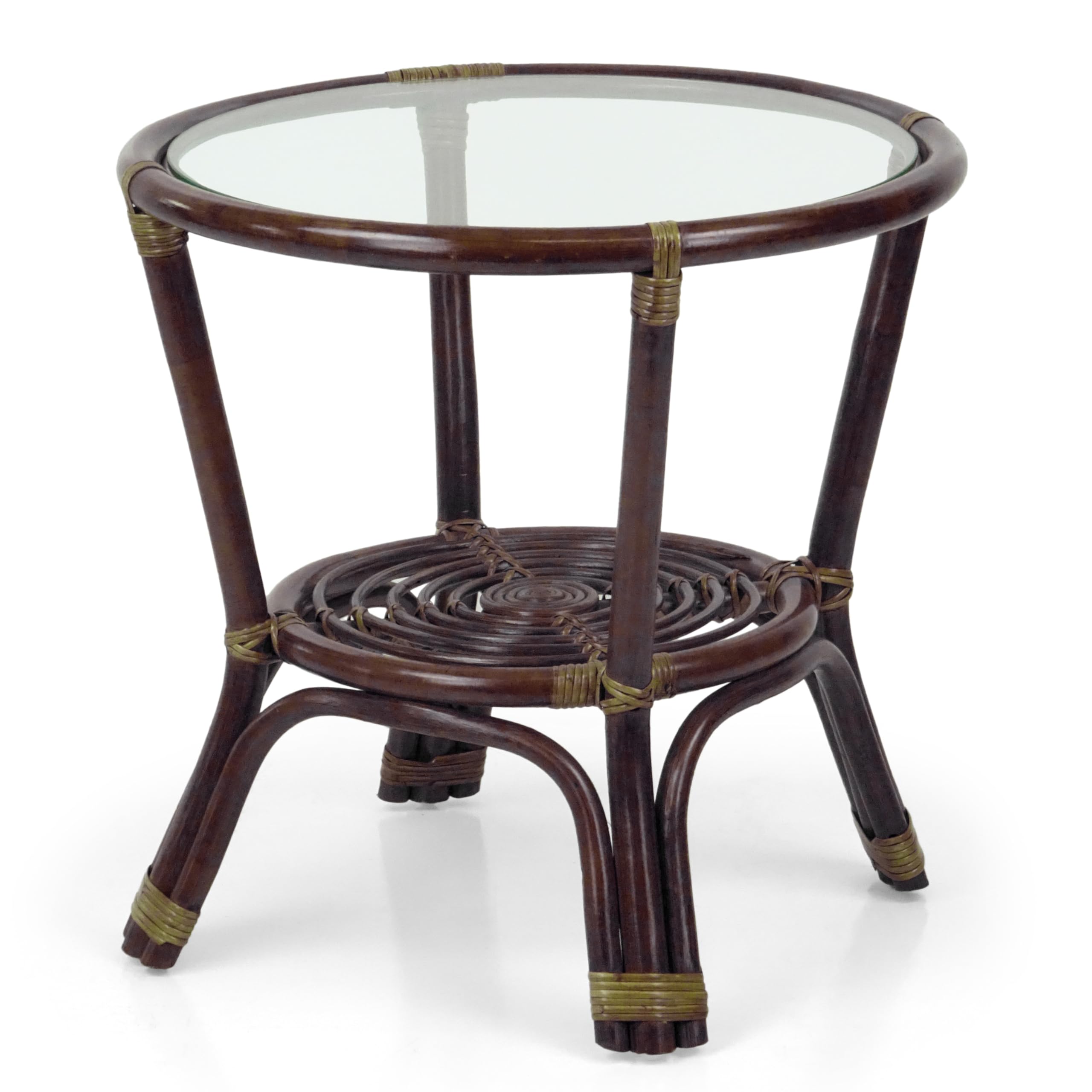 Dark Brown Leo Rattan Wicker Round Accent Coffee Table with Tempered Glass Top - Perfect for Living Room, Patio, or Balcony Decor
