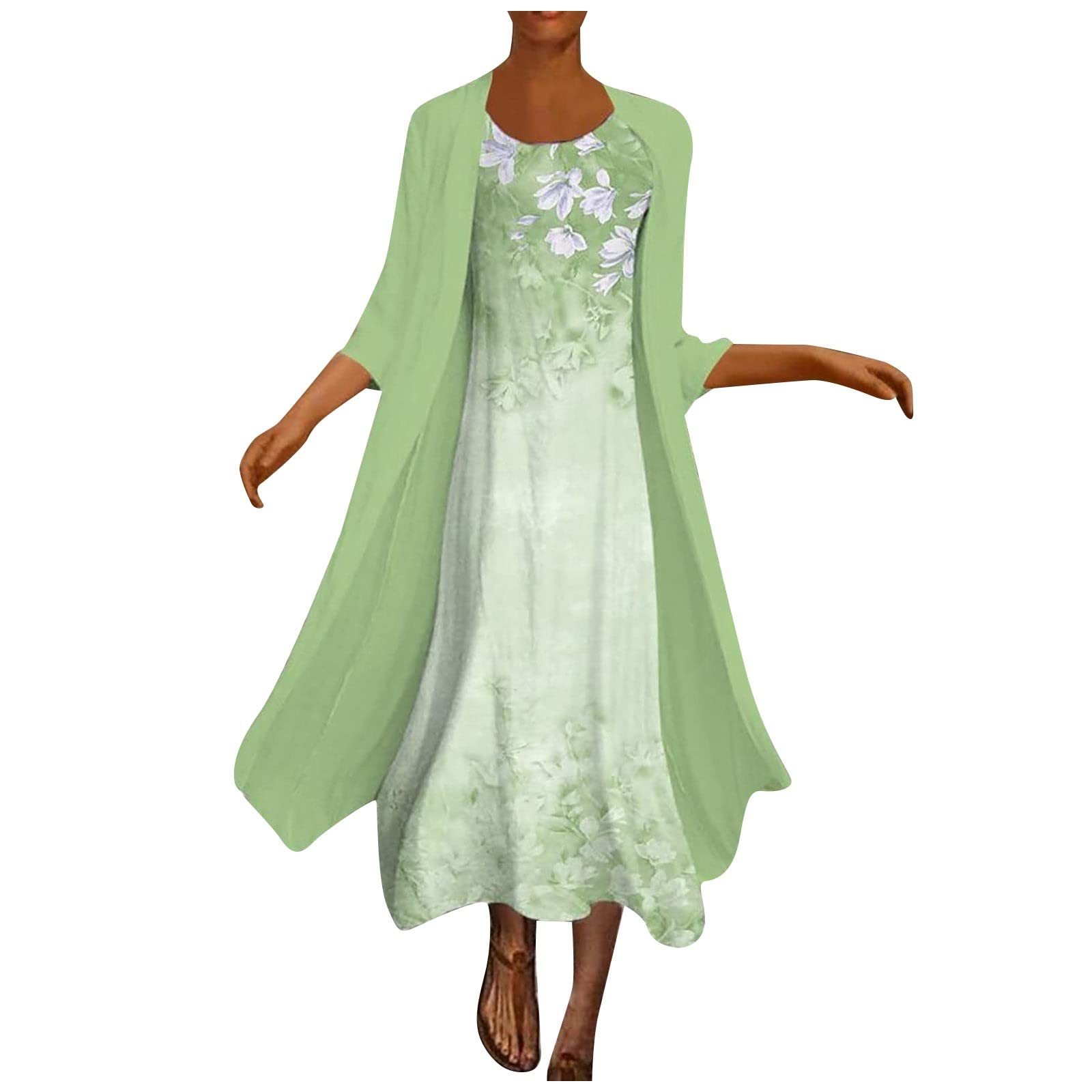 Women's Floral Print Casual Summer Two-Piece Dress Set - Crewneck Chiffon Maxi Dress for Wedding Guest & Beach Vacation - Plus Size Flowy Outfit