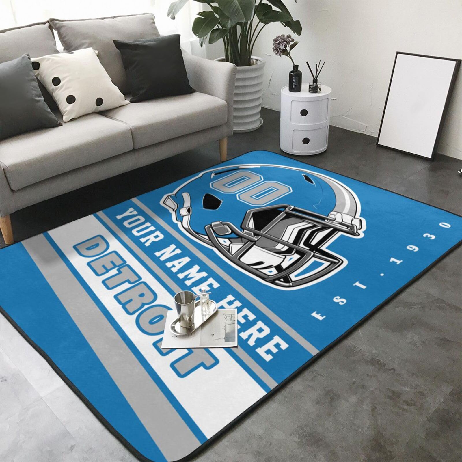Custom Detroit Lions Football Rug - Personalized Bedroom Area Rugs with Name & Number - Unique Fan Gift for Men & Women - Perfect for Game Room Decor, Sports Themed Bedroom, and Fan Cave Accessories