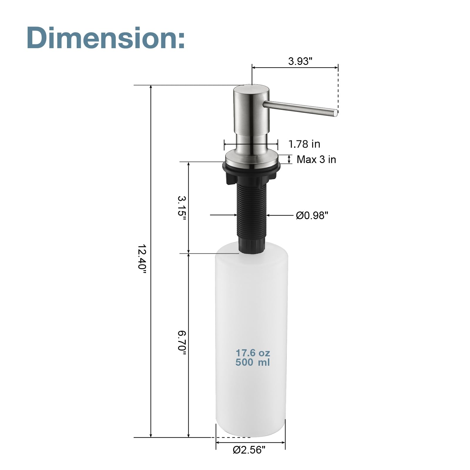Brushed Nickel Soap Dispenser for Kitchen Sink - 17OZ Refillable Stainless Steel Built-in Pump for Liquid Soap or Lotion | Above Counter Design for Easy Refilling | Perfect for Modern Kitchens, Bathrooms & Restaurants