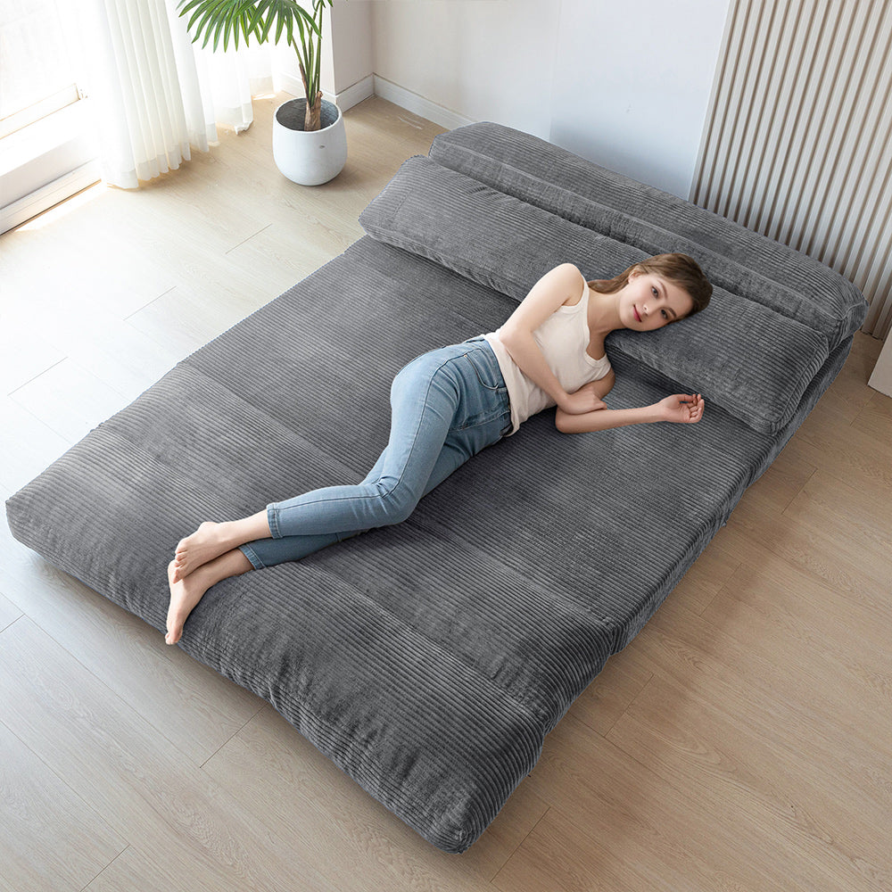 MAXYOYO Corduroy Bean Bag Folding Sofa Bed - Extra Wide Convertible Floor Mattress for Living Room, Bedroom & Guest Room (Grey)