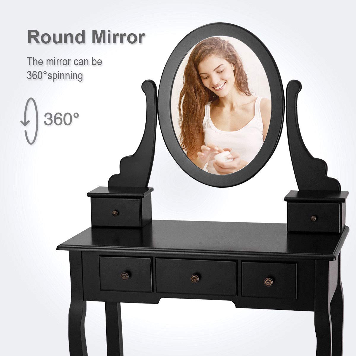 Giantex Vanity Makeup Table Set with Swivel Mirror & Cushioned Stool - 5 Drawer Dressing Table for Bedroom, 360° Rotating Wooden Vanity Desk (Black) - Perfect for Makeup Organization, Dressing Room & Small Space Decor