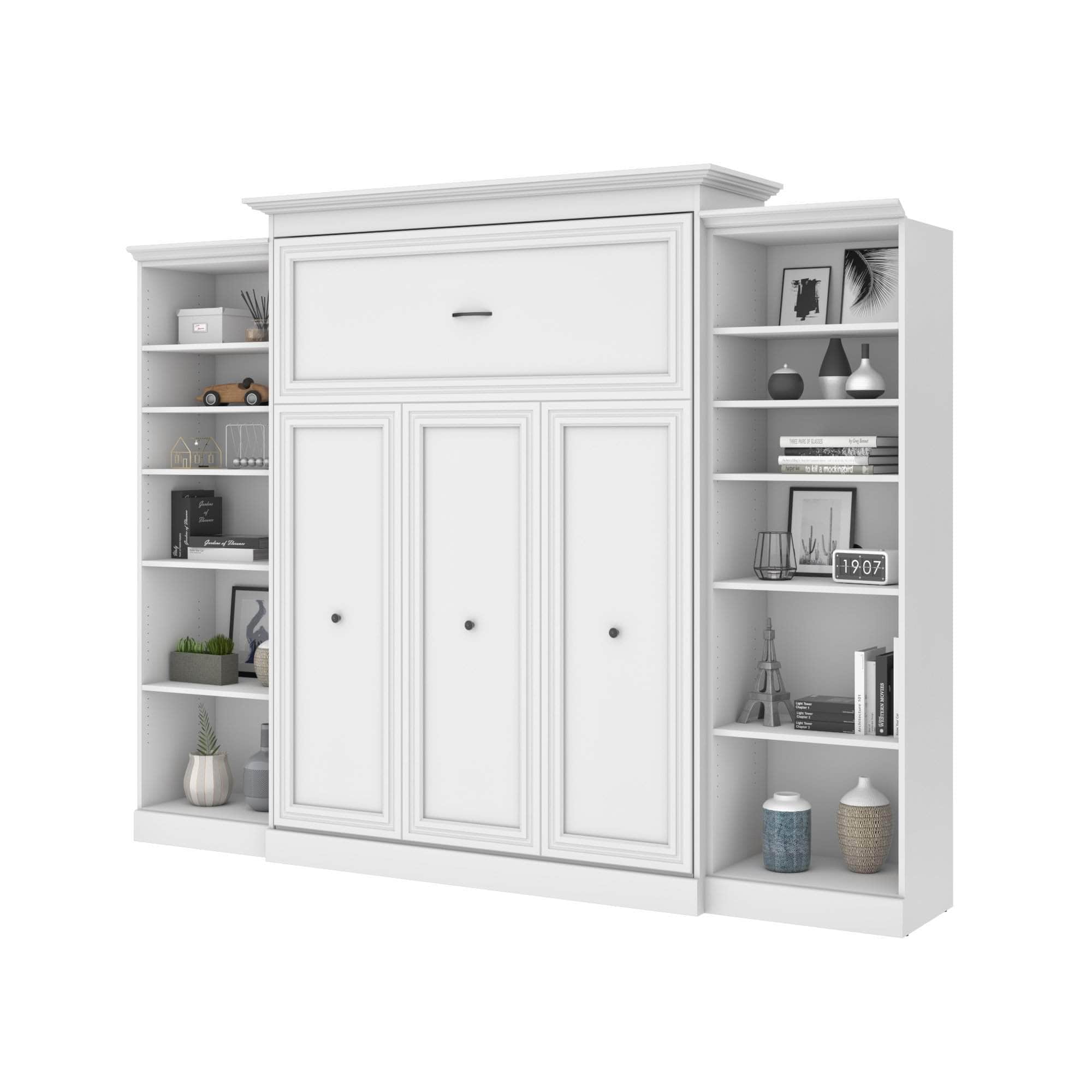 Versatile Queen Murphy Wall Bed with 2 Built-in Storage Units (115 Inch) - Space Saving White Foldable Bed for Small Apartments & Guest Rooms