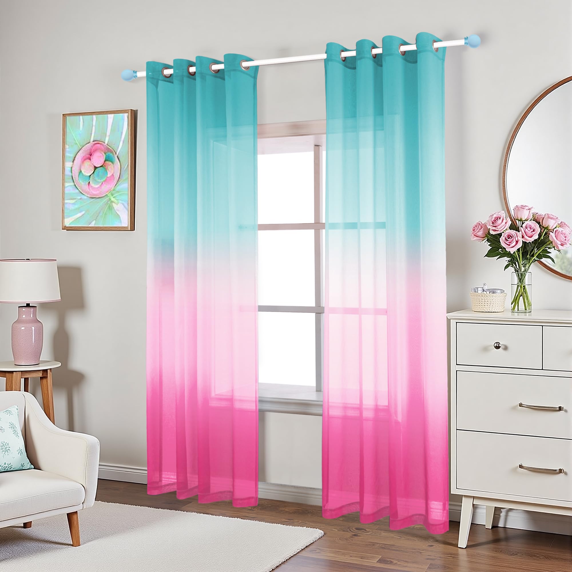 KOUFALL 84 Inch Kids Curtains for Girls Room - Aqua Teal and Pink Blackout Window Curtains for Bedroom, Nursery & Living Room Decor - Perfect for Girls' Bedroom, Playroom & Dorm Room