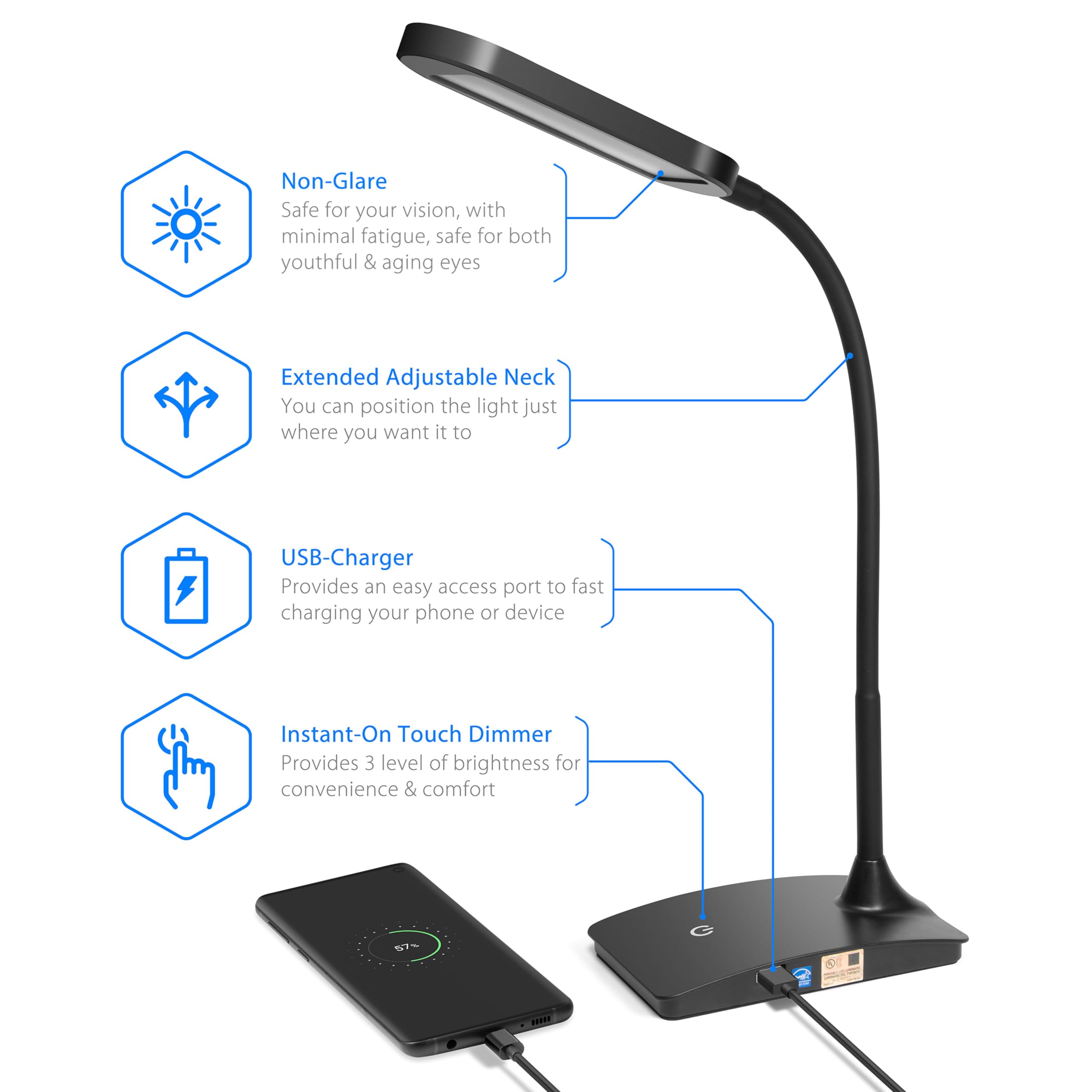 IVY20-40BK Ivy LED Desk Lamp with USB Charging Port - Super Bright Adjustable Study Light for Home Office, Bedroom Nightstand, Dorm Room & Reading | Energy Efficient Eye-Caring Task Lighting (Black)