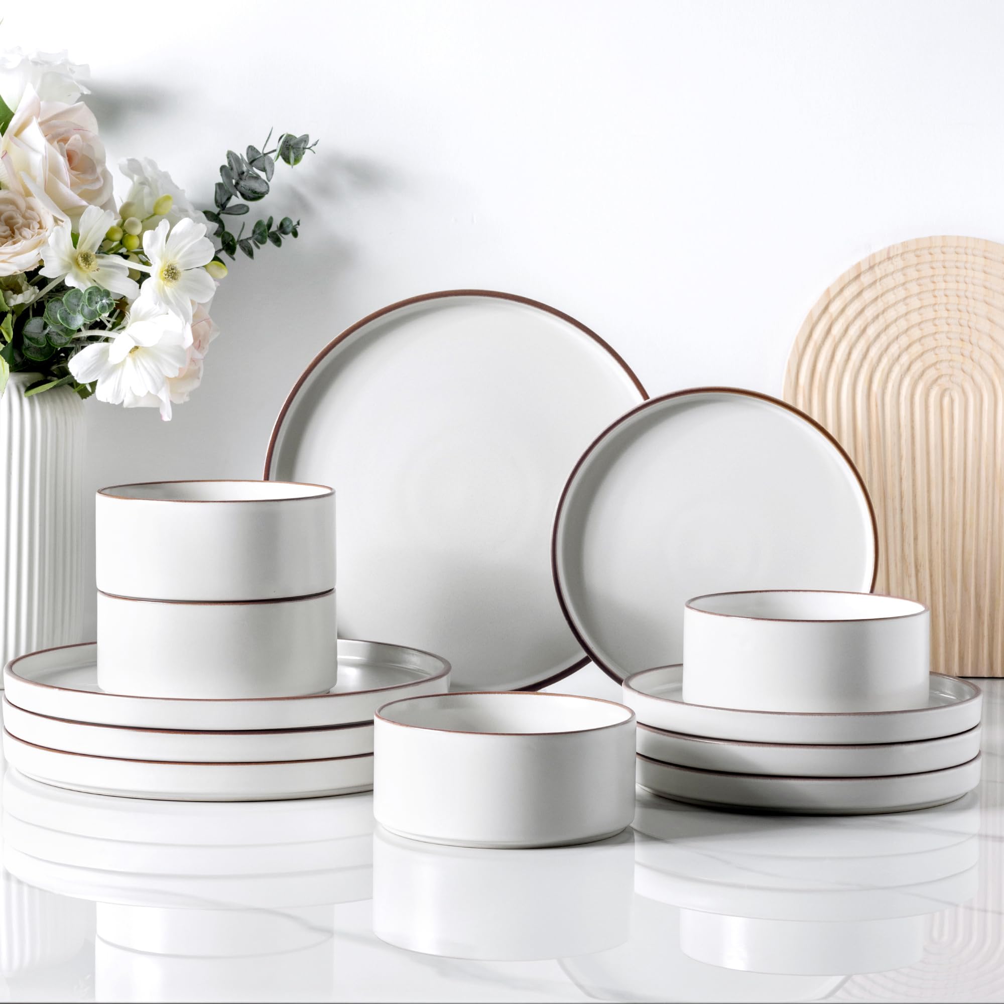 LERATIO 16-Piece Ceramic Dinnerware Set for 4, Stoneware Plates & Bowls with High Edge - Chip & Crack Resistant, Oven/Dishwasher/Microwave Safe - Vanilla White - Perfect for Family Dinners, Restaurant-Style Dining & Entertaining Guests