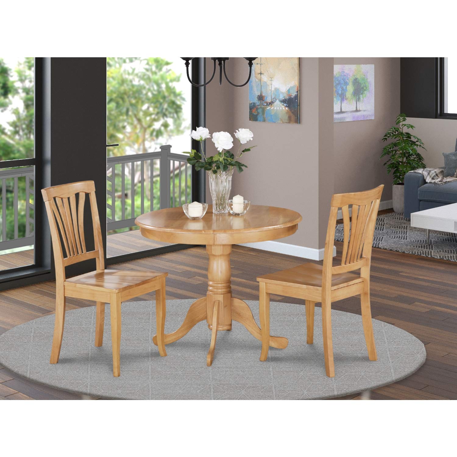 East West Furniture ANAV3-OAK-W 3 Piece Oak Kitchen Table Set with 2 Chairs - Compact Dining Set for Small Spaces, Breakfast Nook, or Apartment Kitchen