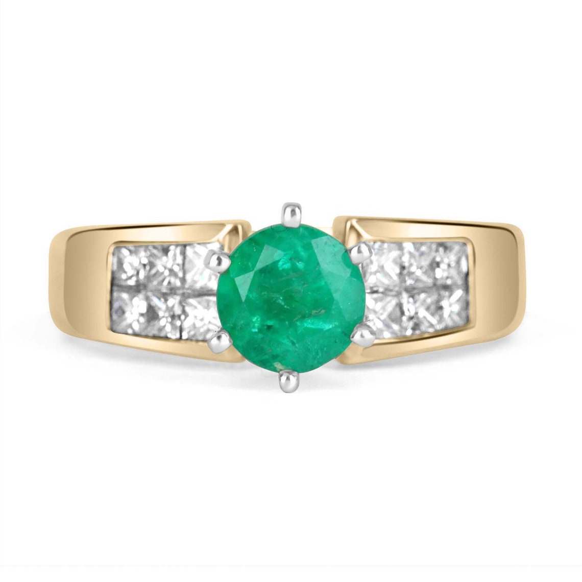 1.50tcw Round Emerald & Princess Cut Diamond Channel Set Ring in 18K Gold or Platinum - Elegant Wedding, Engagement & Anniversary Jewelry Gift