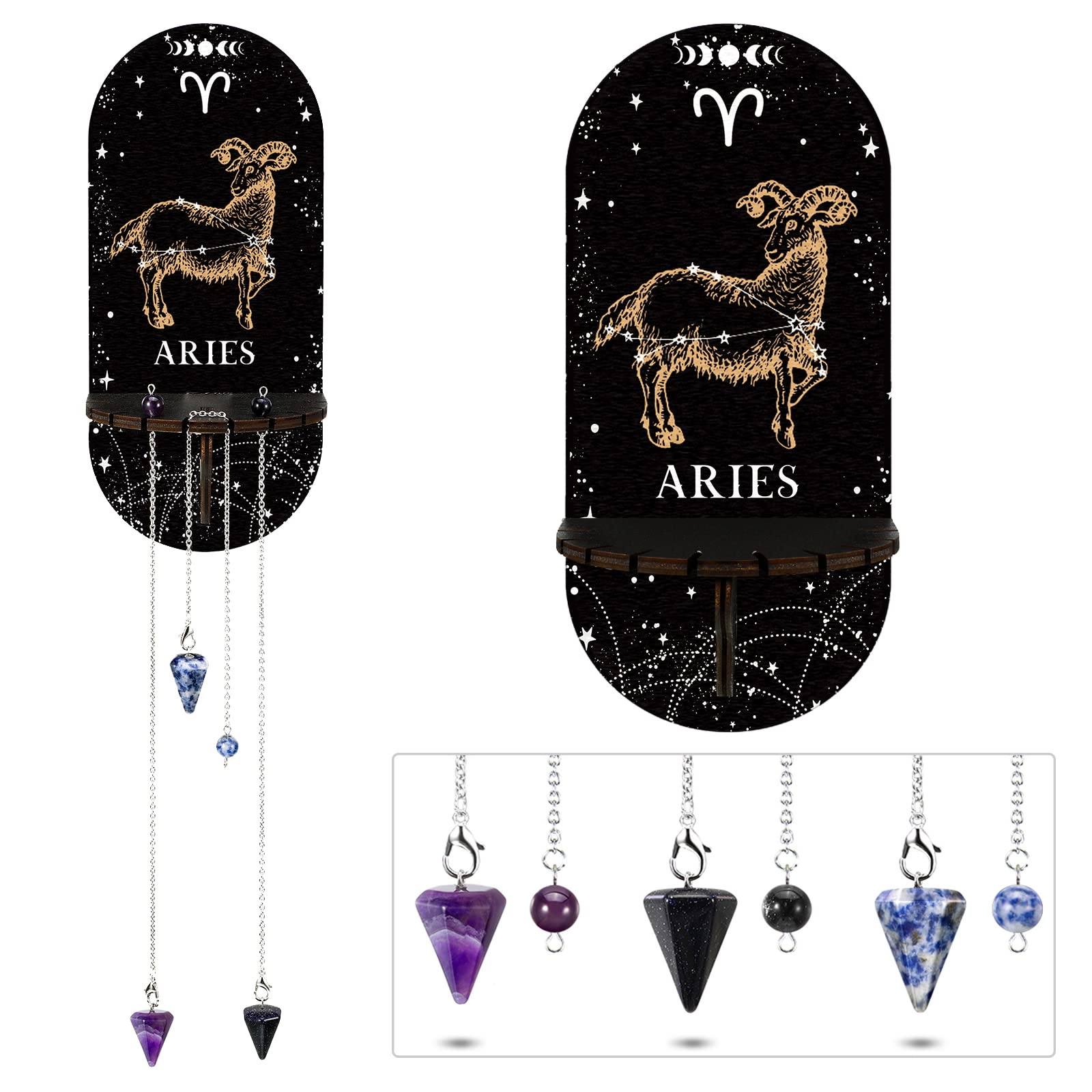 Crystal Shelf & Pendulum Holder - Black Boho Wooden Display Stand for Essential Oils, Witchcraft & Home Decor with 3 Healing Stones (Aries Zodiac Style) | Perfect for Meditation, Reiki, and Spiritual Altar Setup