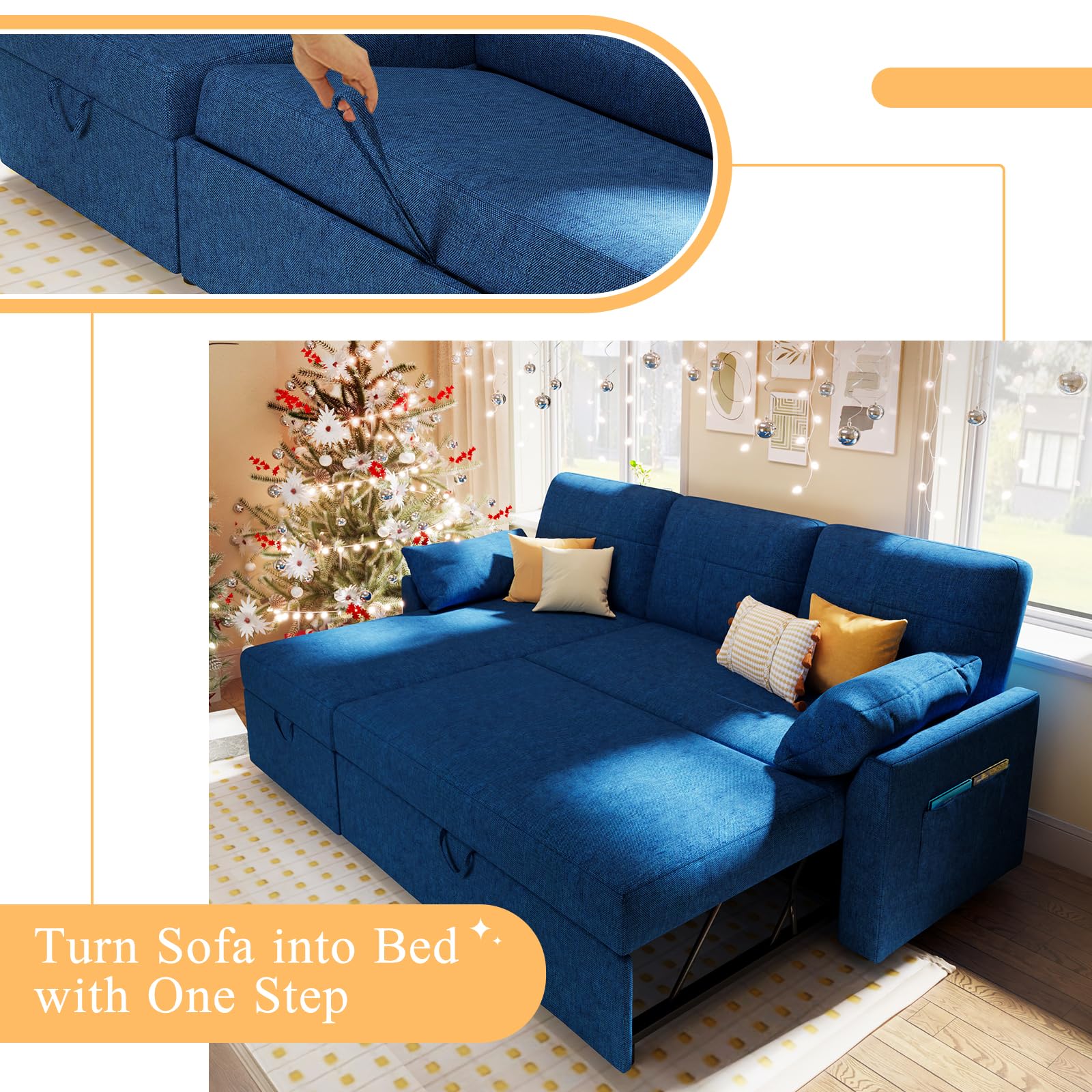 VanAcc 2-in-1 Sleeper Sofa Bed with Storage Chaise - Convertible Pull Out Couch for Small Spaces, Guest Room & Living Room - Soft Linen Blue Fabric - Perfect for Apartments, Dorms & Home Offices