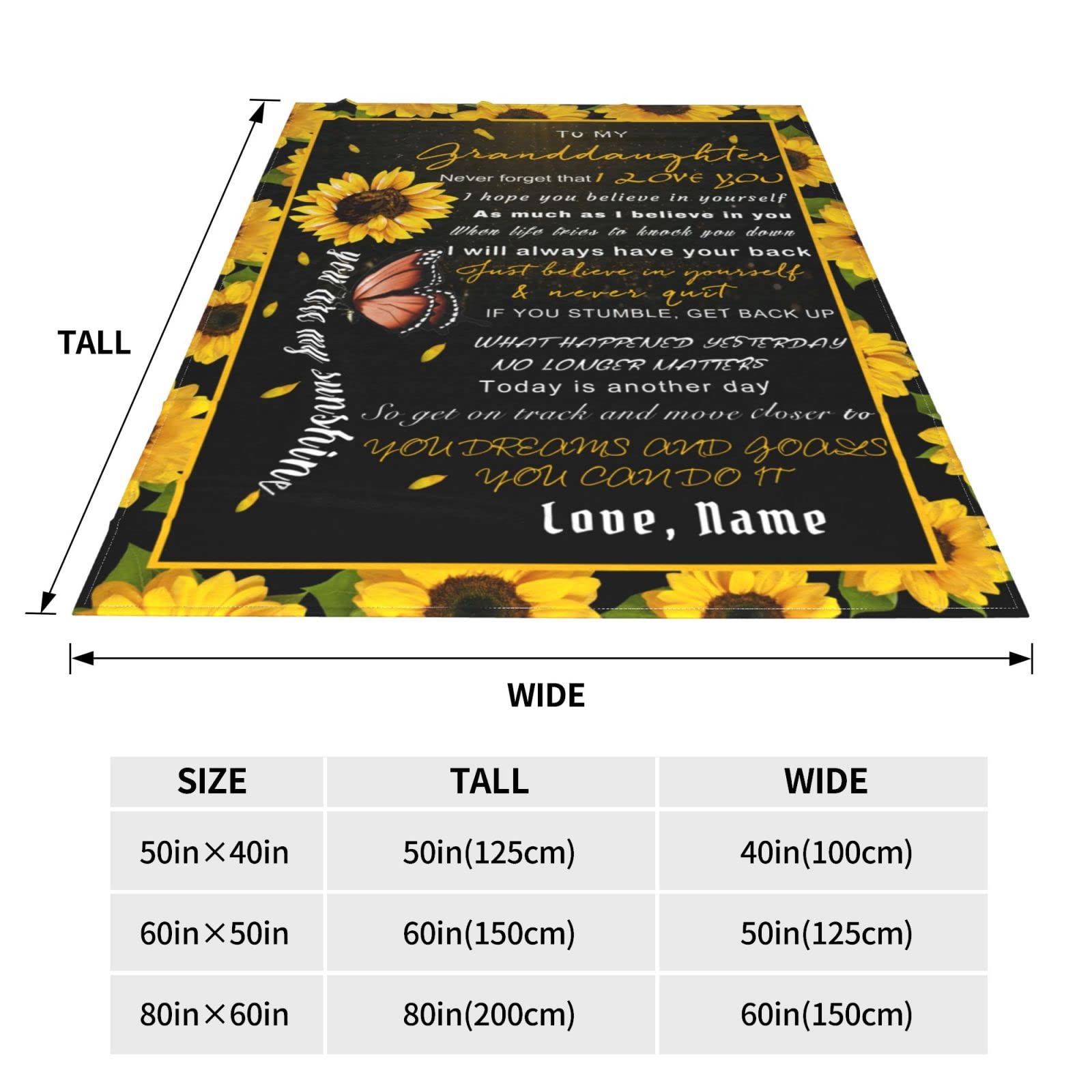 Personalized Custom Name Blanket - Love Letter to My Granddaughter from Grandpa & Grandma - Butterfly Sunflower Design - 40x50 Inches Soft Fleece Throw Blanket - Perfect for Bed, Couch, Nursery & Gift Giving