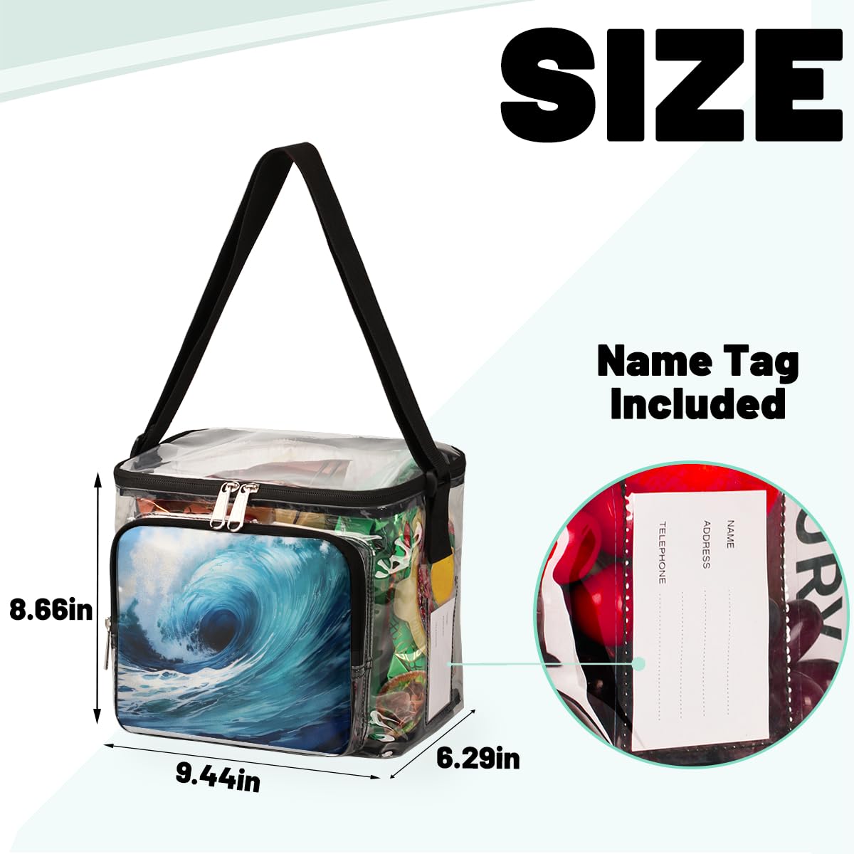 GzLeyigou Transparent Blue Wave Print Tote Bag with Handles - Waterproof Clear Shoulder Bag for Beach, Travel, Picnic, Concerts & Sports Events | Stadium Approved Crossbody Lunch Bag for Women & Men