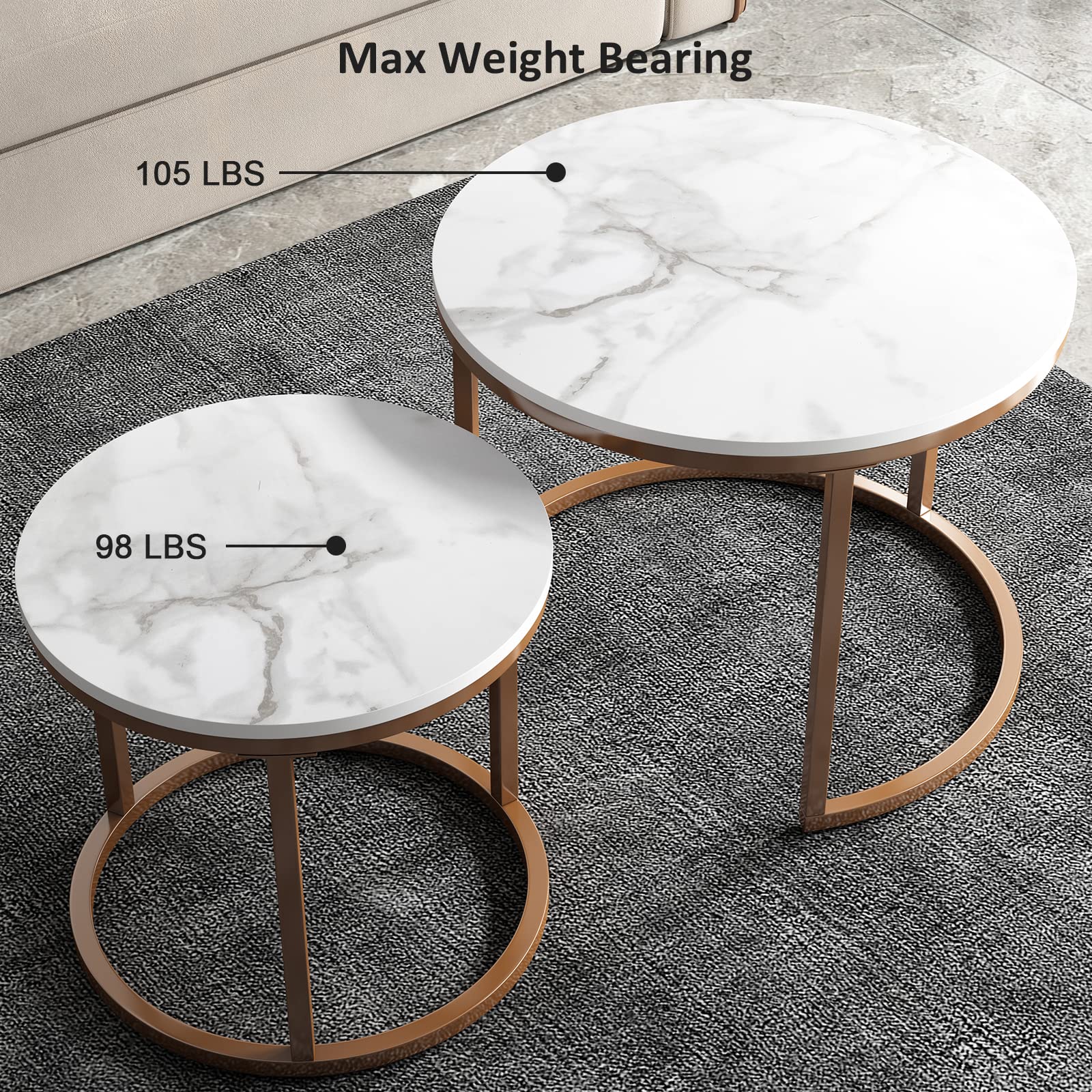 Modern Nesting Coffee Table Set - Faux Marble & Gold Metal Frame Side End Tables for Living Room, Bedroom, Office - Perfect for Small Spaces & Home Decor