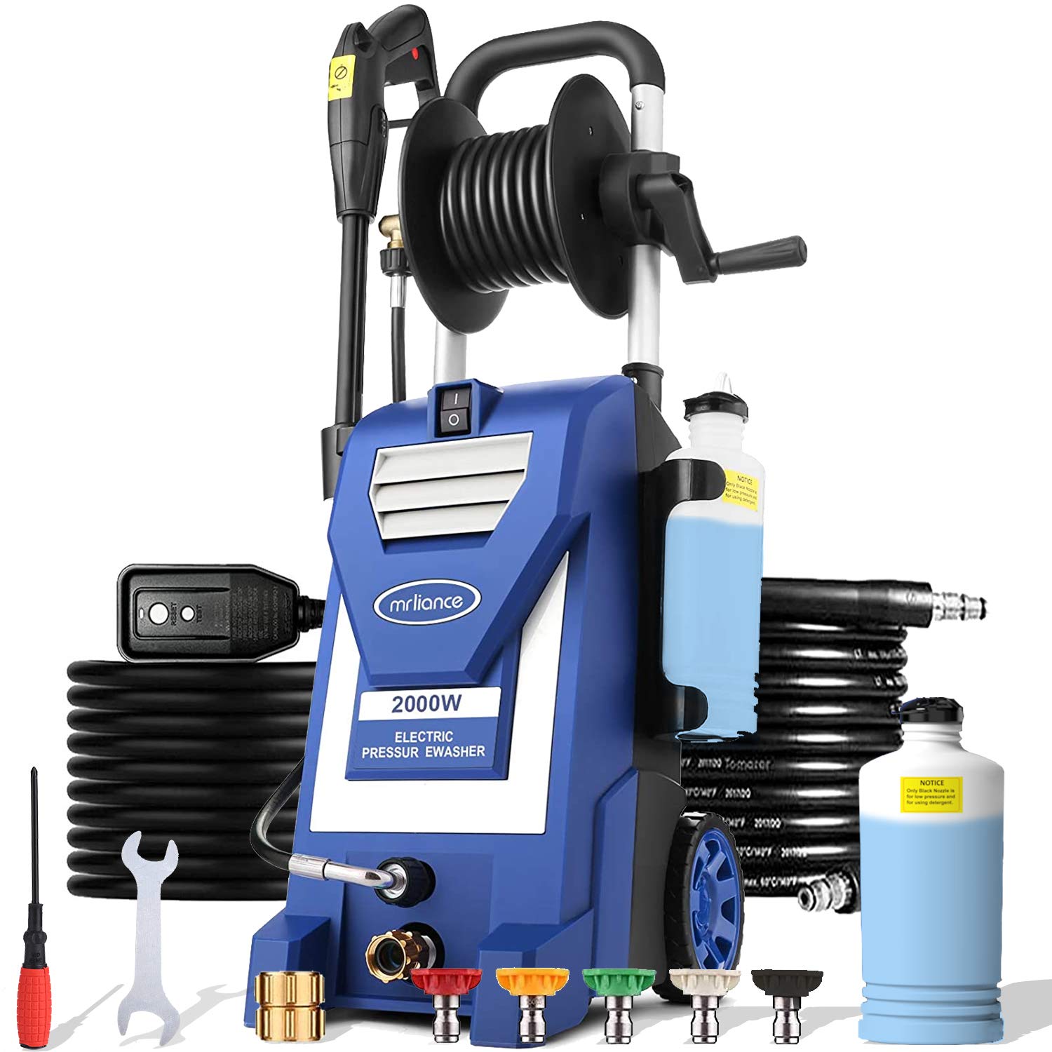 MRliance 2.9GPM Electric Pressure Washer - High Power Car Wash Machine with 5 Adjustable Nozzles, Hose Reel & Detergent Bottle (Blue) - Perfect for Cleaning Cars, Driveways, Patios & Outdoor Surfaces