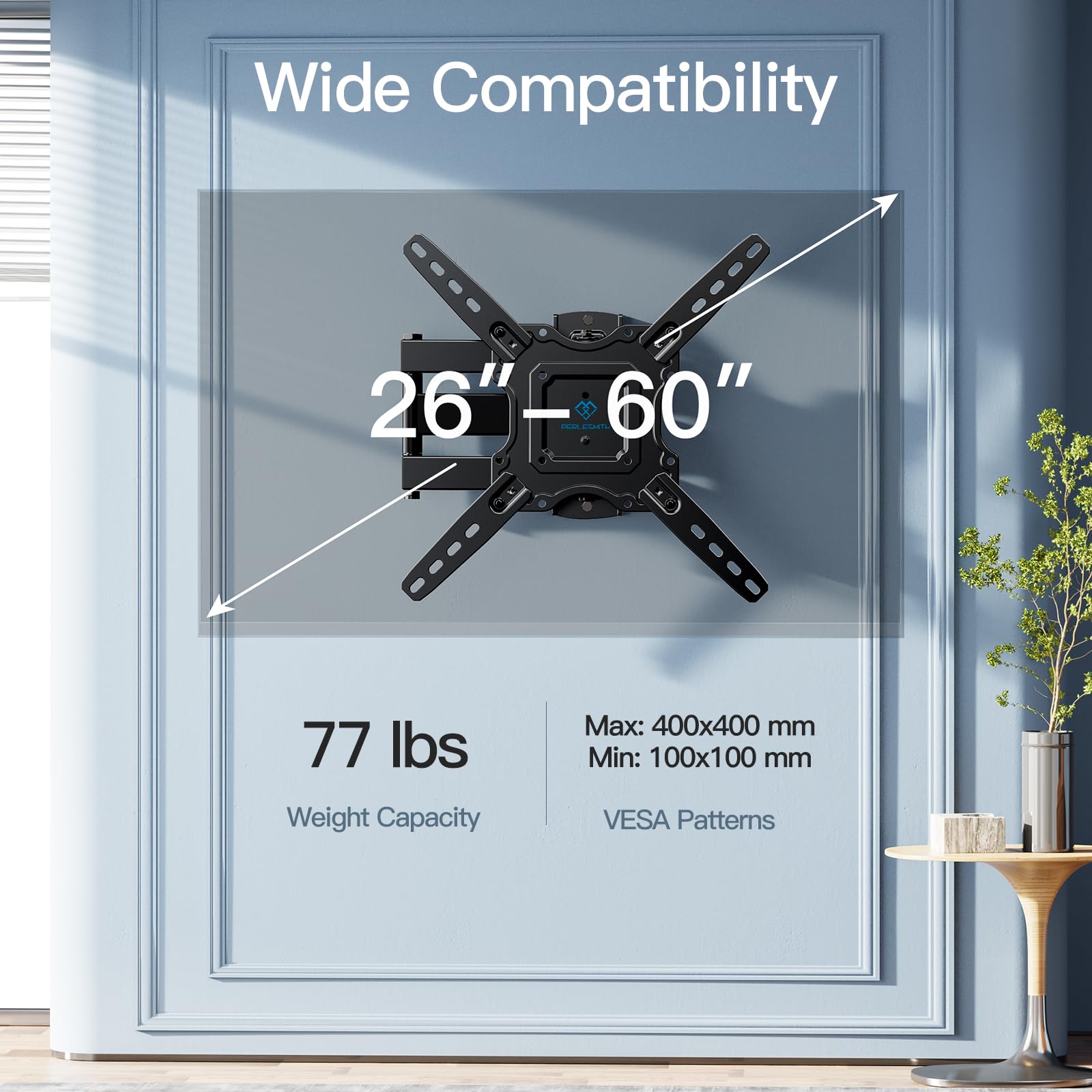 PERLESMITH UL Listed Full Motion TV Wall Mount Bracket for 26-60 Inch Flat/Curved OLED 4K TVs up to 77lbs - Swivel, Tilt, Extension Arm, Max VESA 400x400mm (PSMFK12) - Perfect for Living Room, Bedroom & Home Theater Setup