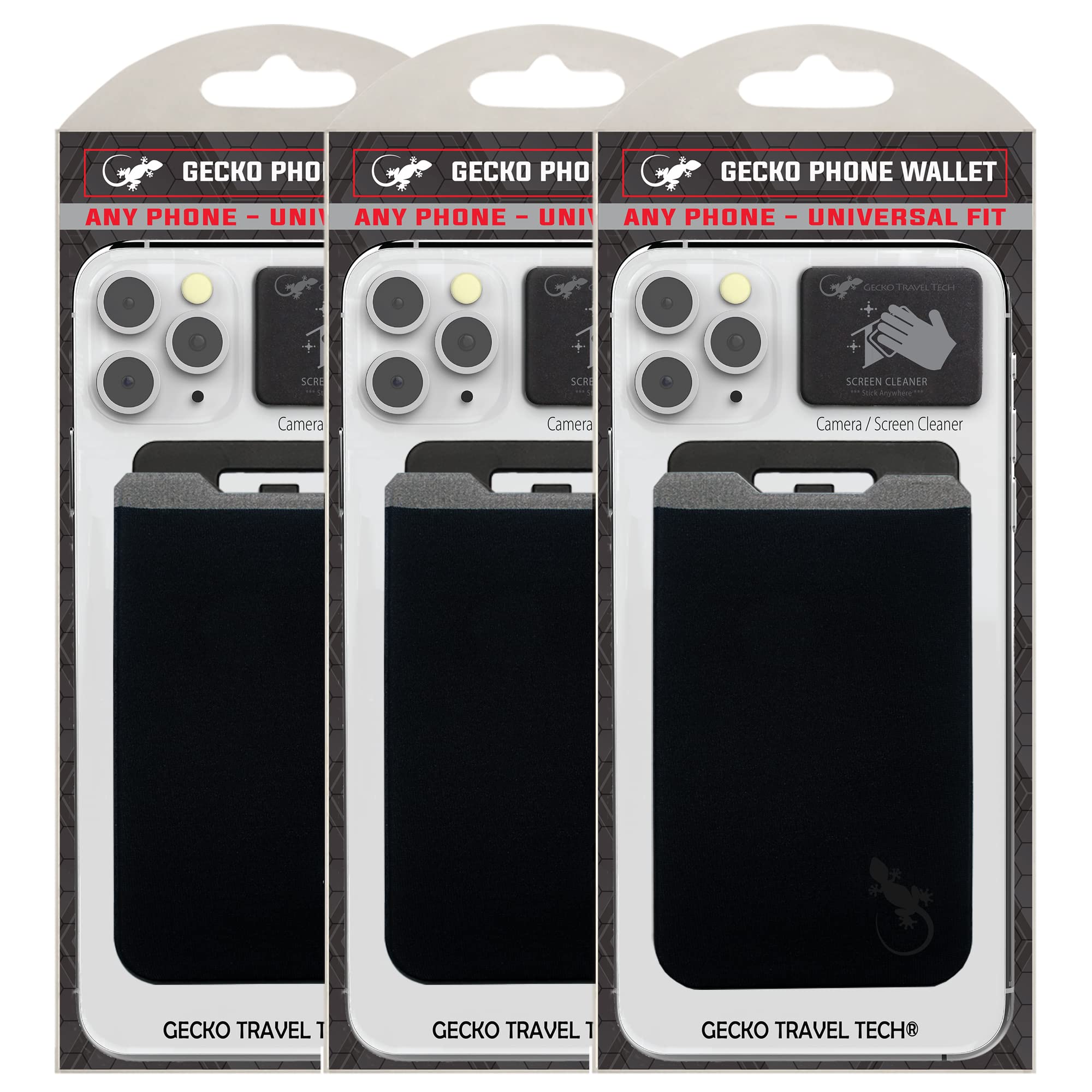 3 Pack Gecko Phone Wallet with Stand - Sticky Card Holder for iPhone & Samsung - Slim Phone Accessories for Credit Cards & ID - Perfect for Travel, Shopping & Everyday Use (Black)
