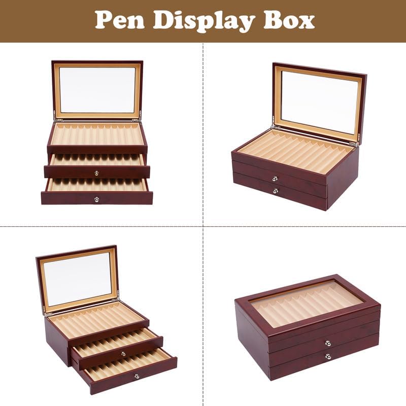 3 Layer Wooden Pen Display Box - 34 Slot Fountain Pen Organizer with Glass Window - Perfect for Collectors & Enthusiasts - Great Thanksgiving & Christmas Gift (Red) - Ideal for Home, Office & Gift Giving