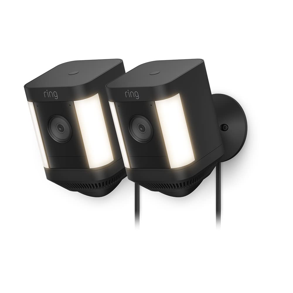 Ring Spotlight Cam Plus Plug-In | 1080p HD Outdoor Security Camera with Two-Way Talk, Night Vision, LED Spotlights & Siren | Wireless CCTV Alternative for Home Security (2-Pack) | Perfect for Front Door, Backyard & Garage Surveillance