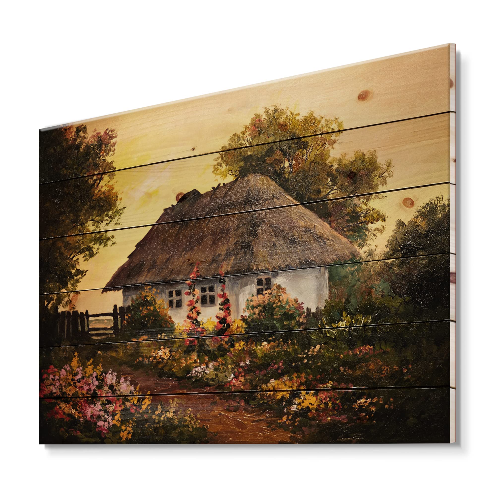 Traditional Cottage Sunset in Autumn Wood Wall Decor - Brown Floral Pine Wood Art Panel for Living Room, Bedroom & Farmhouse Decor