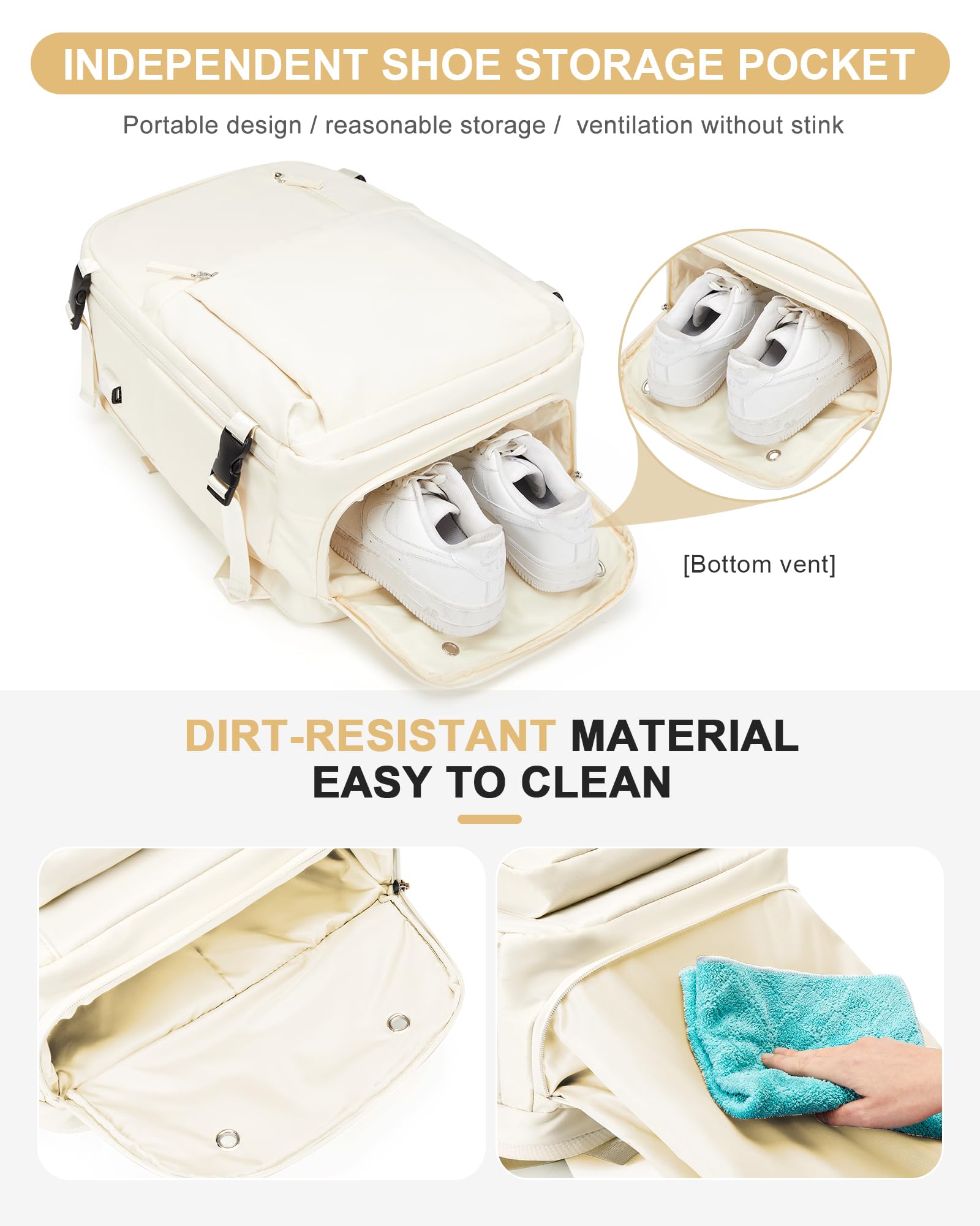 Lightweight Travel Backpack for Women & Men - Airline Approved Carry-On Backpack with USB Charging Port, Shoe Compartment & Waterproof Design (Beige) - Perfect for Air Travel, Commuting & Outdoor Adventures