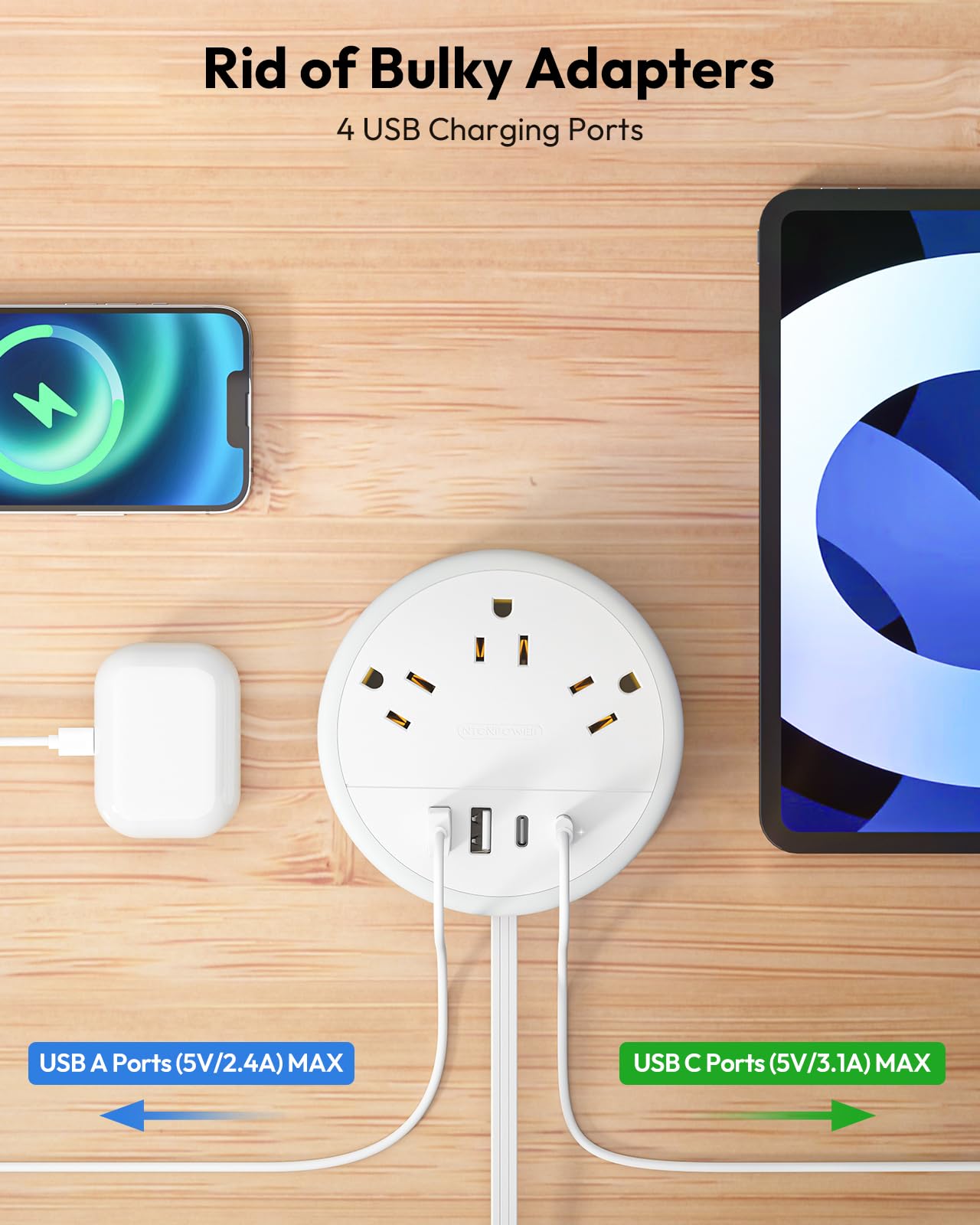NTONPOWER Travel Power Strip with 3 Outlets & 4 USB Ports (2 USB-C) - 4FT Flat Extension Cord for Cruise, Hotel, Office - Portable Charging Station for Phones, Laptops, Tablets - White Travel Essentials