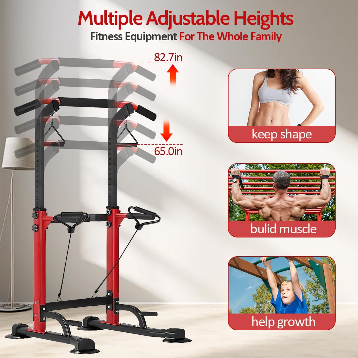 Adjustable Power Tower Pull Up Bar Dip Stand - Multifunctional Home Gym Equipment for Strength Training | Easy Assembly & Durable Design | Perfect for Home Workouts, Calisthenics & Fitness Training