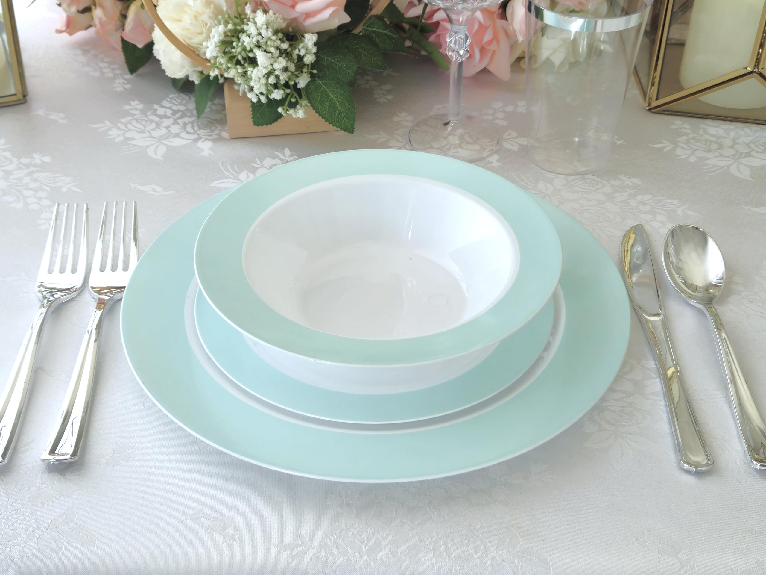 240-Pack Heavyweight Disposable Plastic Plates for Weddings & Parties - 120x10.25'' Dinner Plates + 120x7.5'' Salad/Dessert Plates (Rio Collection White & Turquoise Blue) - Perfect for Large Gatherings, Catering Events & Special Occasions