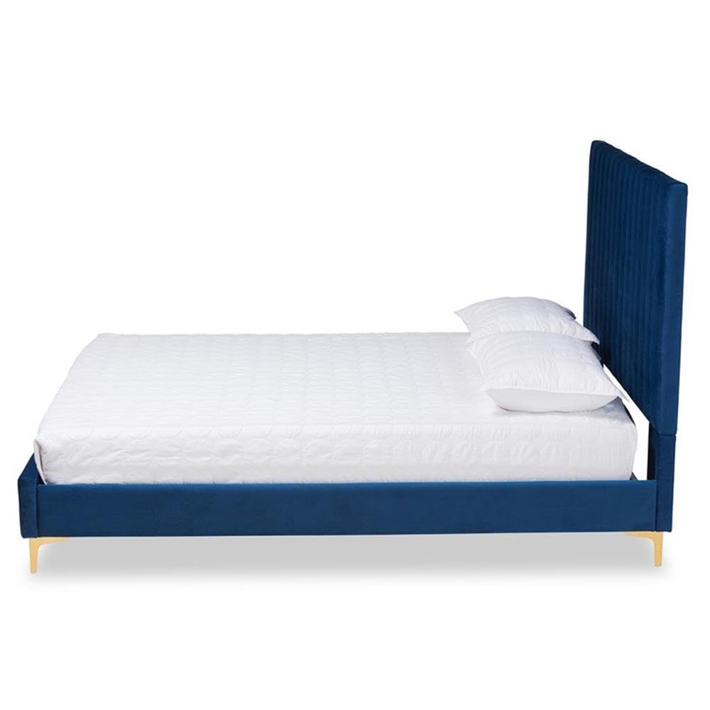 Baxton Studio Serrano Contemporary Queen Size Platform Bed - Navy Blue Velvet Upholstery with Gold Metal Frame | Luxurious Bedroom Furniture for Modern Home Decor
