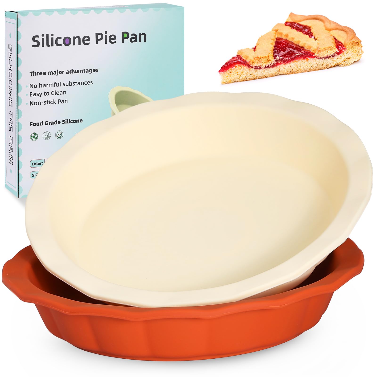 9-Inch Silicone Pie Pans for Baking - Dishwasher & Microwave Safe with Corrugated Edge (Red & Beige) | Perfect for Thanksgiving, Christmas Desserts & Family Baking