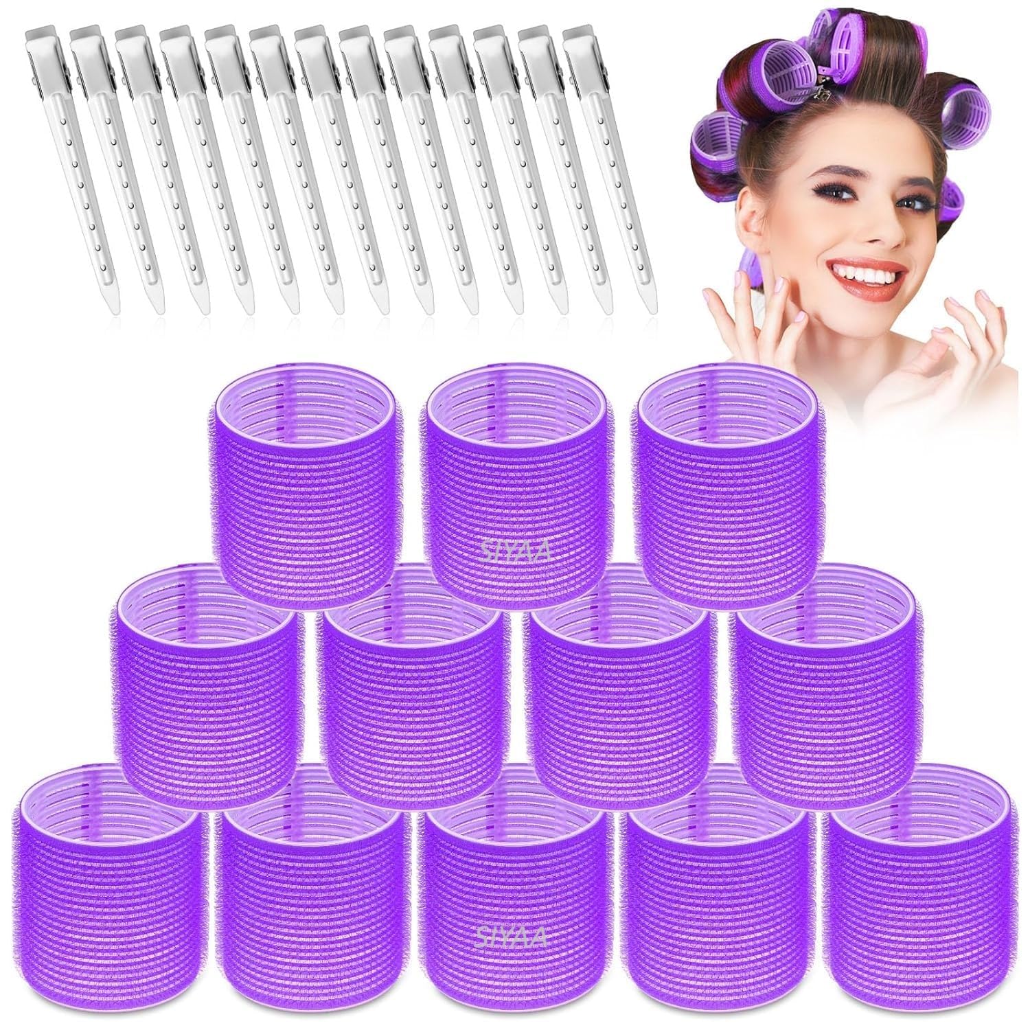SIYAA Jumbo Rollers Hair Curlers 18-Piece Set - 6 Large Hair Rollers & 12 Hair Clips for Long to Medium Hair Volume & Curls (Purple) - Perfect for Salon-Quality Styling at Home, Parties & Special Occasions