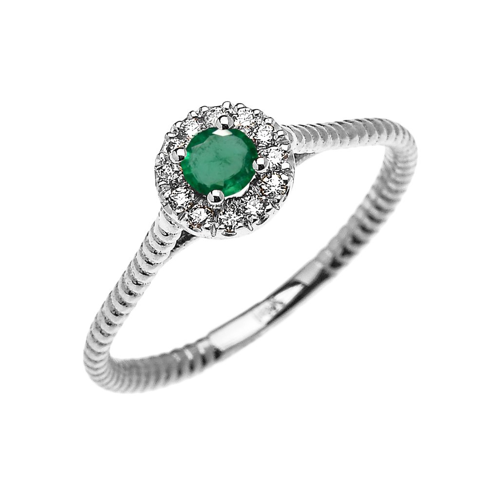 14K White Gold Dainty Halo Diamond & Solitaire Emerald Rope Design Promise Ring for Women - Perfect for Anniversaries, Engagements, and Special Occasions