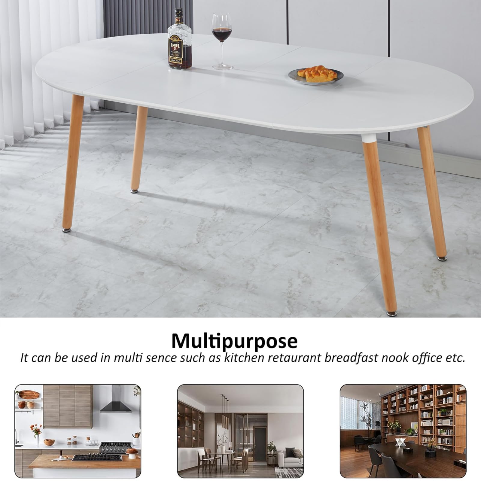 Modern Oval Extendable Dining Table for 4-8 People - Solid Wood & Metal Frame with MDF Tabletop (40