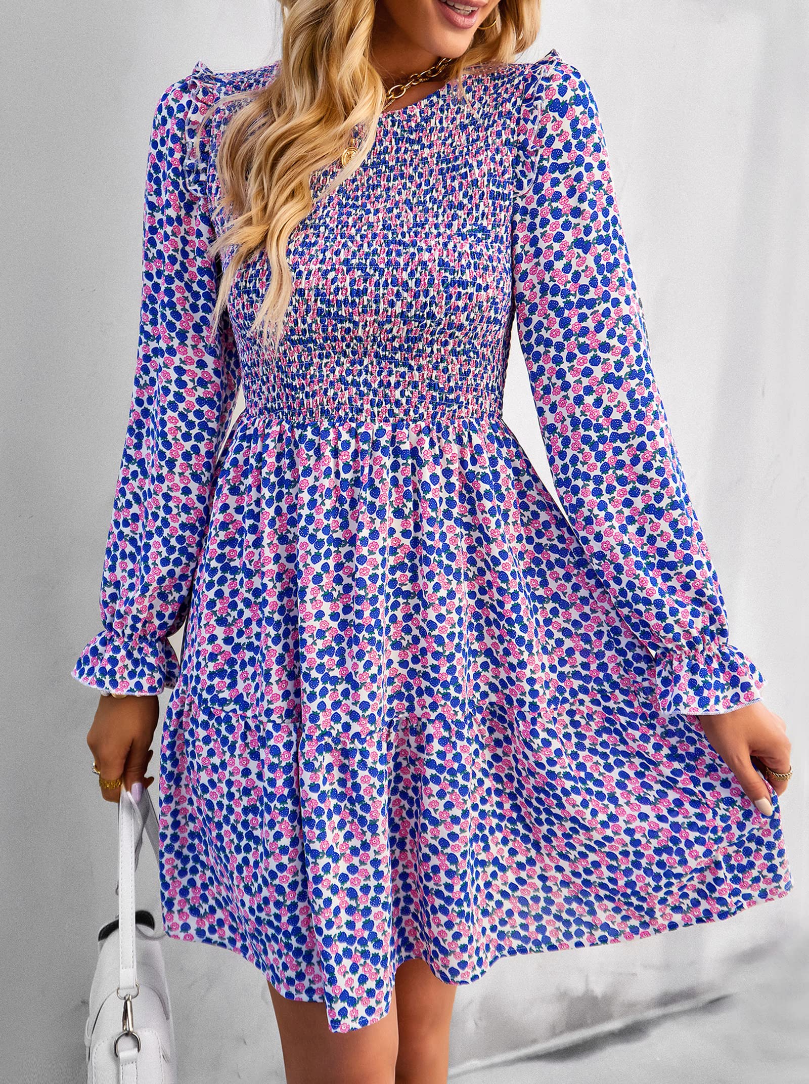 KIRUNDO Women's Floral Smocked Long Sleeve Ruffle A-Line Mini Dress - Spring Summer Party Dress 2025 | Flowy Crewneck Dress for Garden Party, Wedding Guest & Date Night Outfits