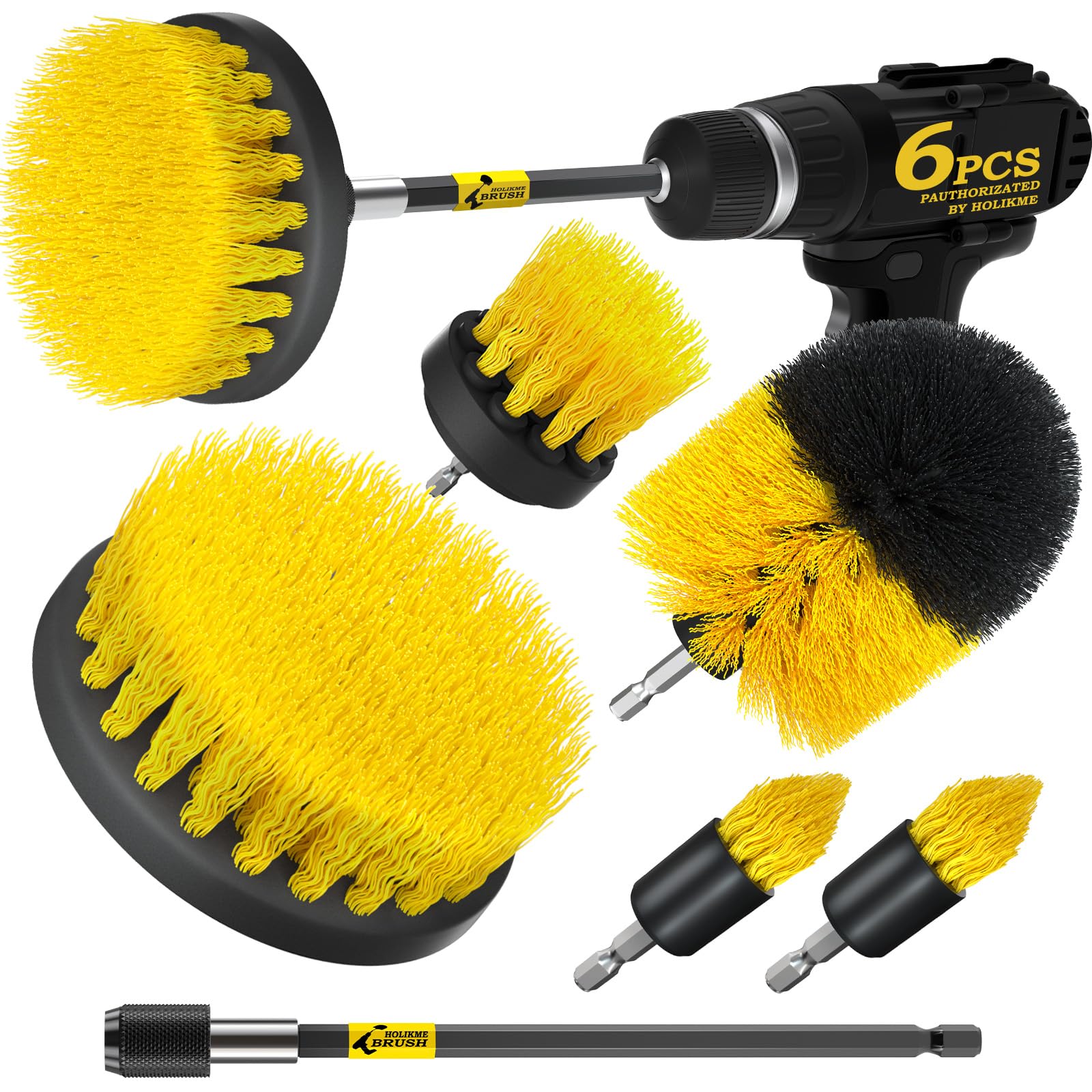 **Holikme 6-Pack Power Scrubber Brush Set - Long Handle Cleaning Brushes for Grout, Tile, Bathroom, Shower, Tub & Car - Multi-Surface Scrubber Kit (Yellow) - Perfect for Deep Cleaning Floors, Walls & Hard-to-Reach Areas**