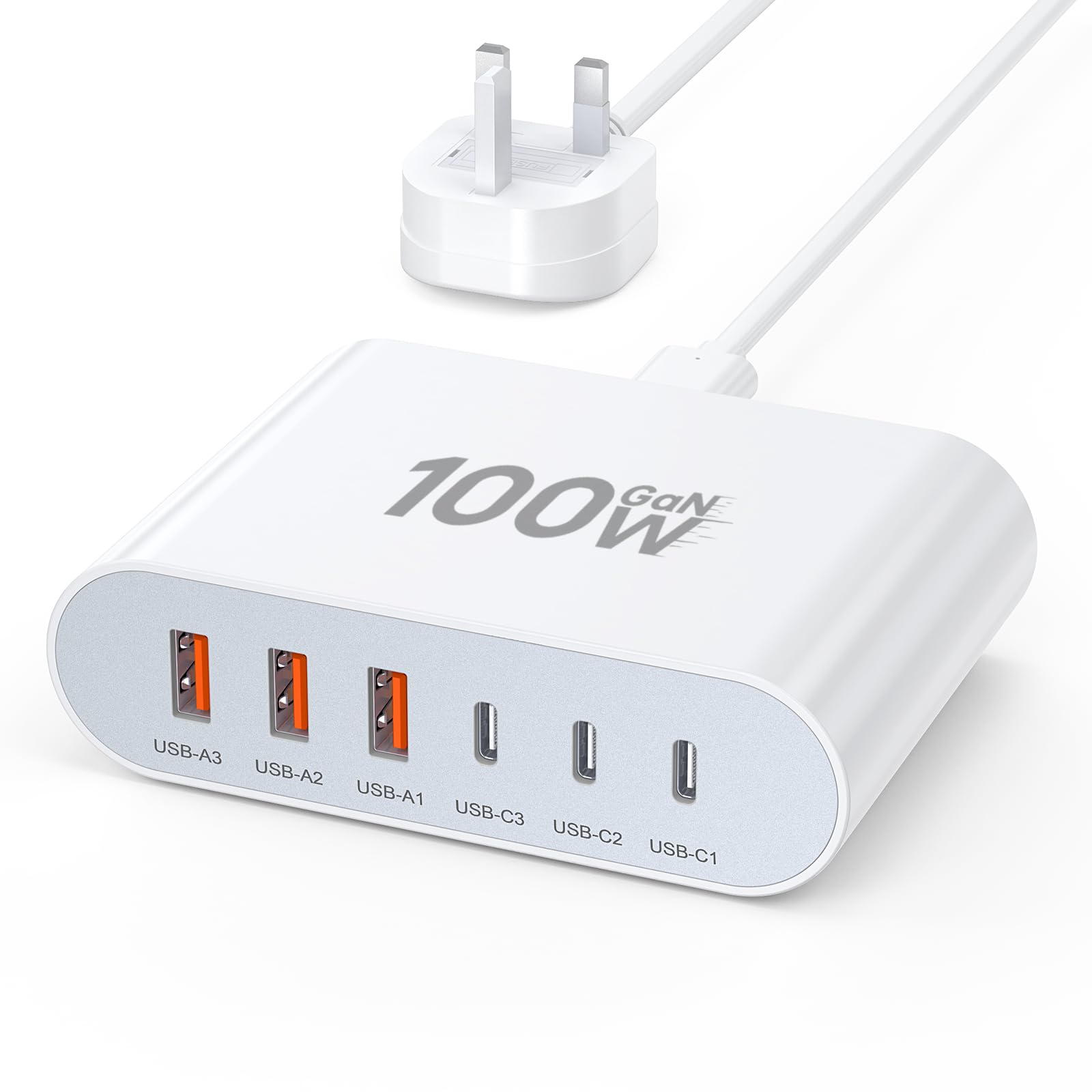 100W GaN USB C Charger Block - 6 Port Fast Charging Station with 3 USB C & 3 USB A Ports - Compact Wall Charger for iPhone 15/14/13/12/11, iPad, Galaxy, Pixel - Perfect for Home, Office & Travel - White