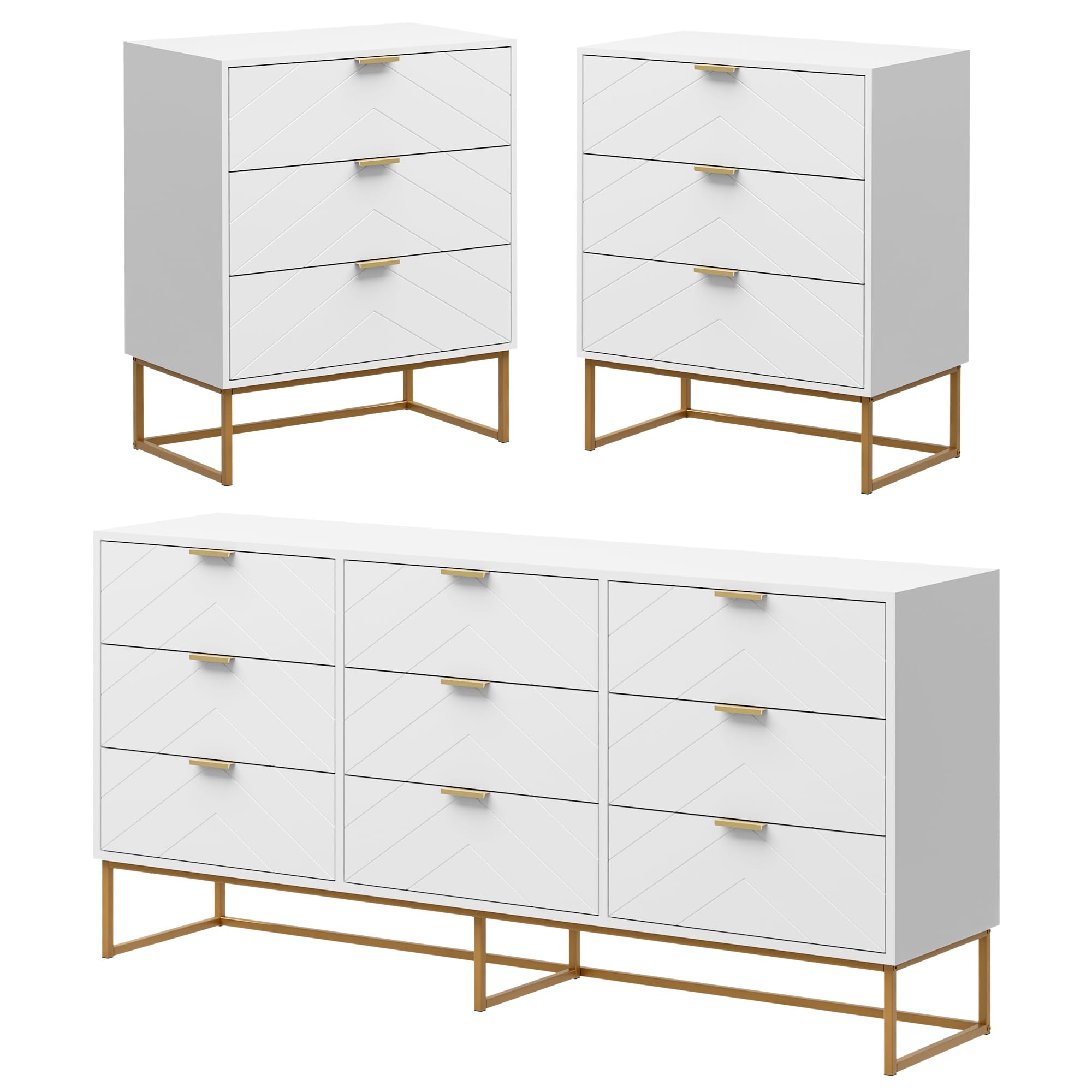 Modern White 9-Drawer Chest & 3-Drawer Nightstand Set - Bedroom Storage Furniture Combo for Master Bedroom, Guest Room & Apartment Organization