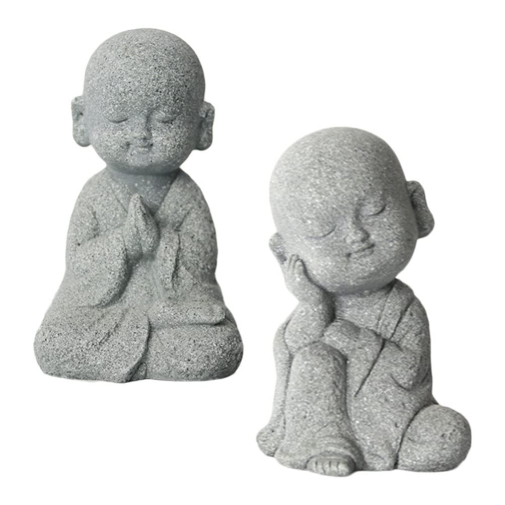 2pcs Little Monk Ornaments - Cabilock Sandstone Car Dashboard Decor, Buddhism Kung Fu Monk Statue for Fish Tank, Bonsai & Porch Display | Auto Accessories & Home Decoration