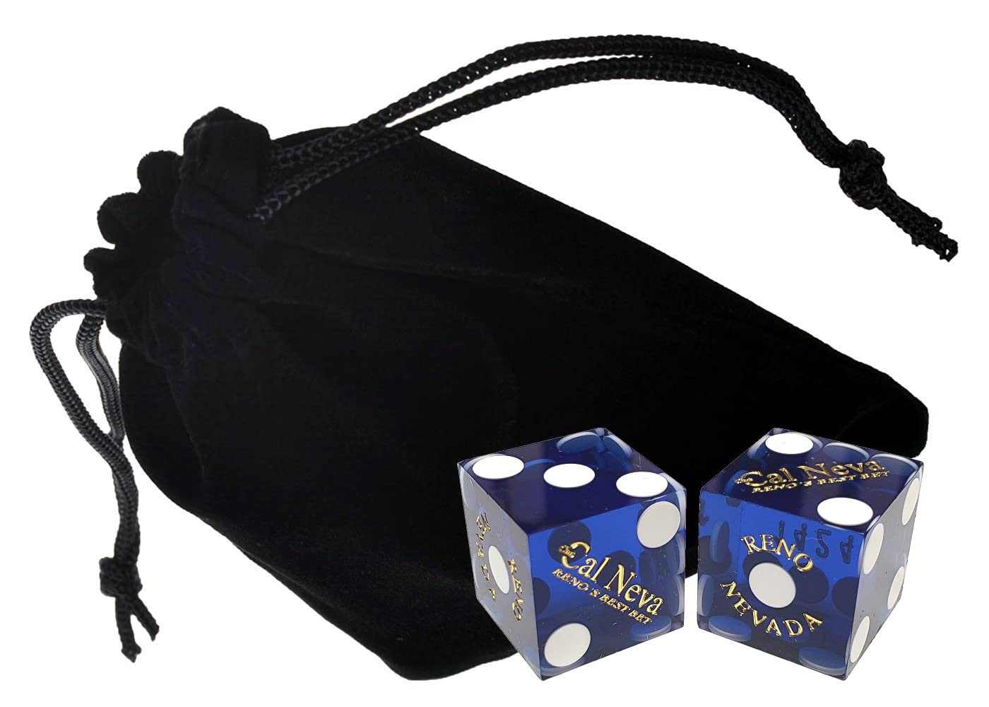 Authentic Cal Neva Reno Casino Blue Polished Dice Set with Pouch & 36
