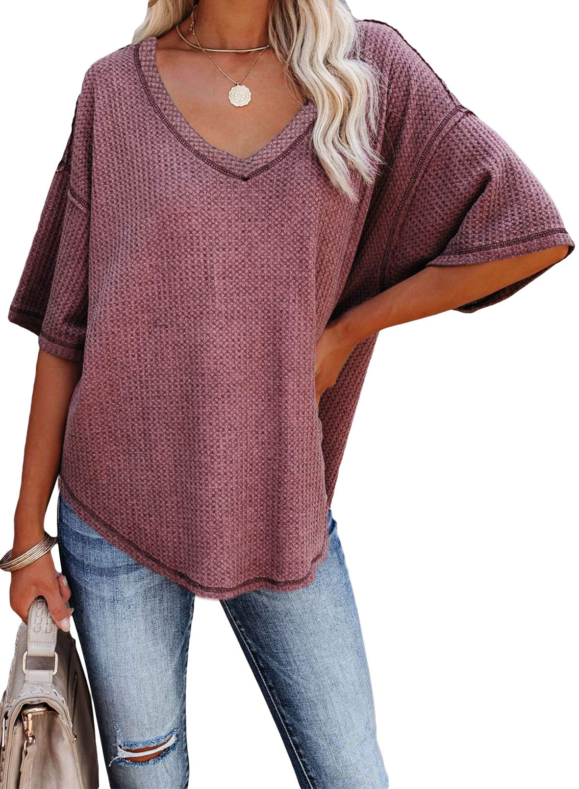 Dokotoo Women's Casual V-Neck Short Sleeve Waffle Knit Tunic Top - Soft & Loose Blouse for Everyday Wear, Work, and Weekend Outings