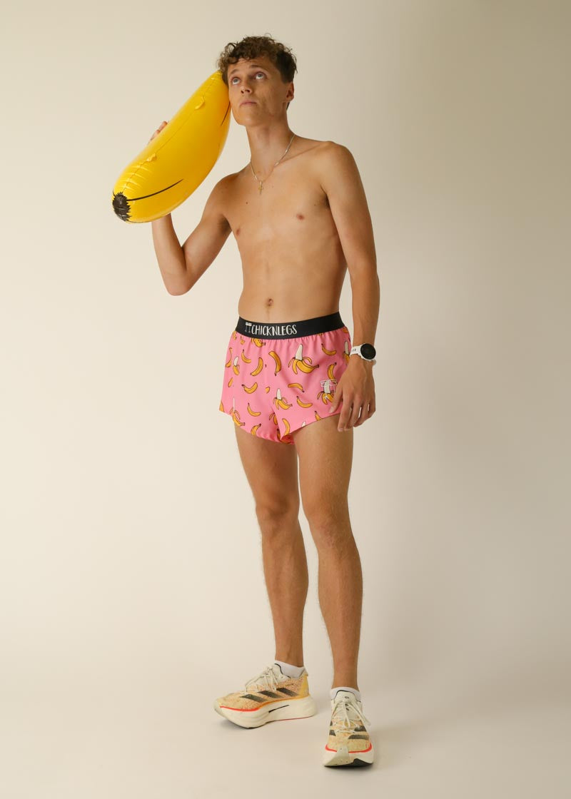 Men's Running Shorts with 2 Split Design - Lightweight & Breathable Pink Bananas Print for Gym, Jogging & Workout