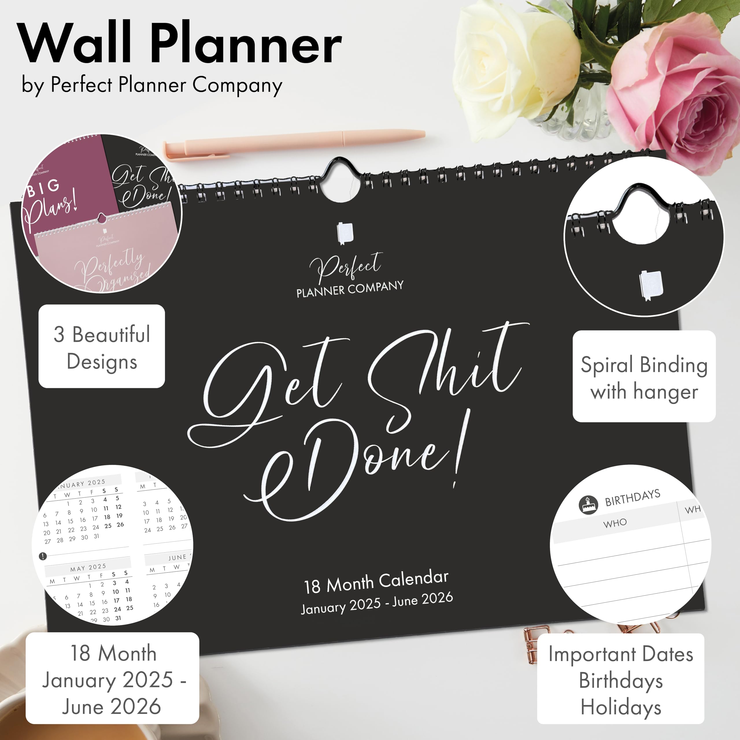 2025-2026 Wall Calendar with Stickers | 18-Month Planner (Jan 2025-Jun 2026) | Family, Couple & Personal Organizer | A4 Landscape Format | Perfect Planner Company | Ideal for Home, Office & School Planning