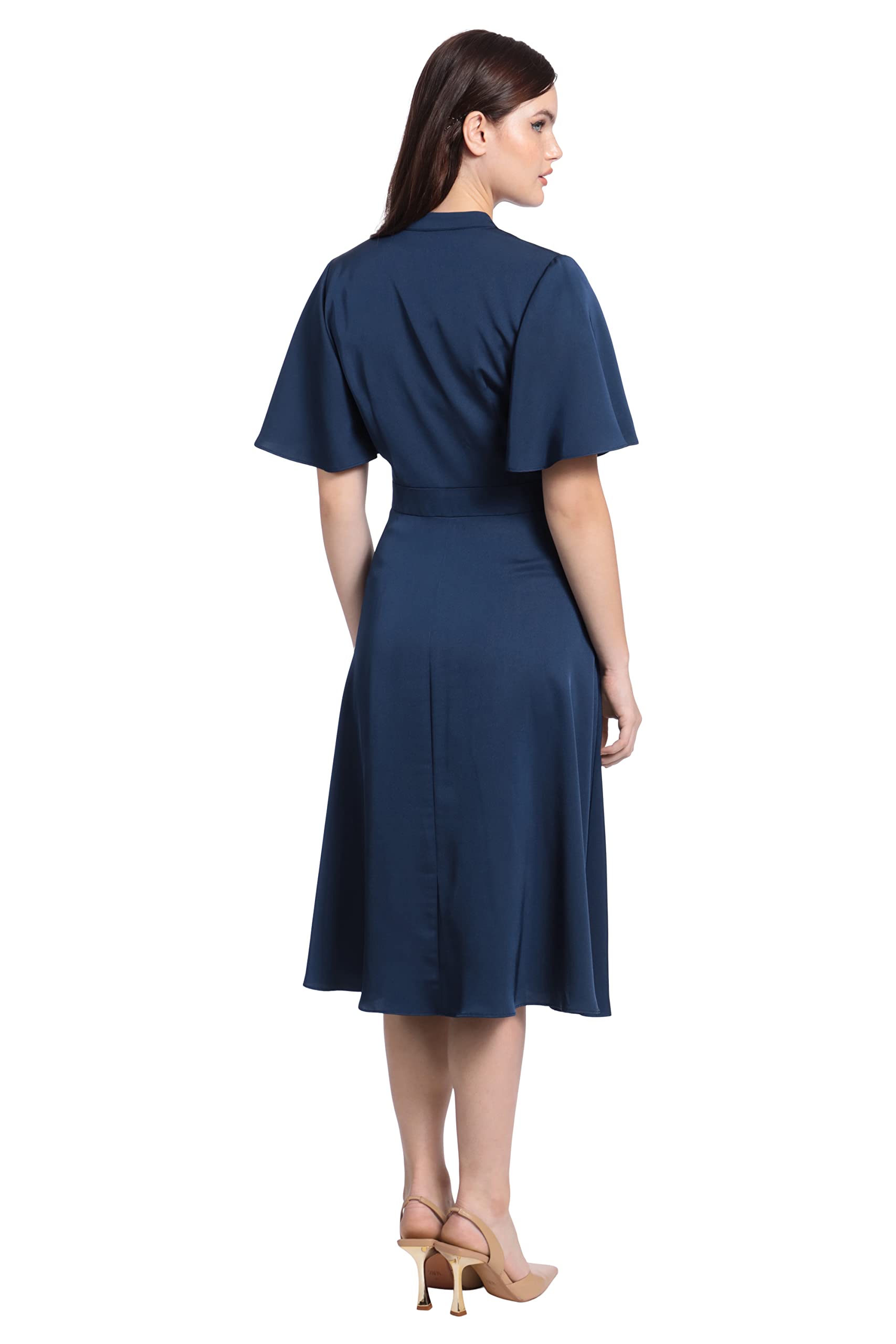 Maggy London Women's Stand Collar Bell Sleeve Midi Dress - Elegant Flowy A-Line Cocktail Dress for Parties, Weddings & Office Wear