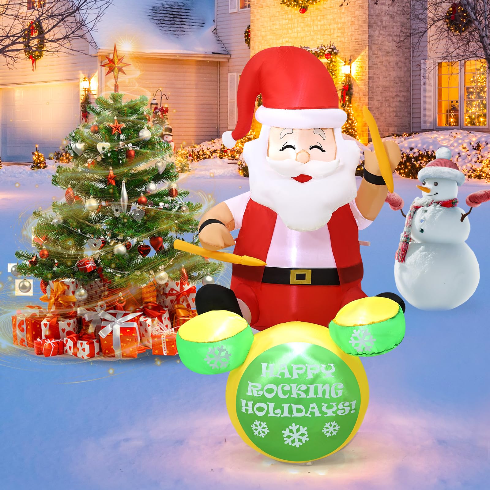 6ft Christmas Inflatable Outdoor Decorations - LED Lighted Santa Playing Drums Inflatable for Indoor/Outdoor Patio, Garden, Yard Holiday Decor | Perfect for Christmas Party, Front Lawn Display & Festive Home Decor