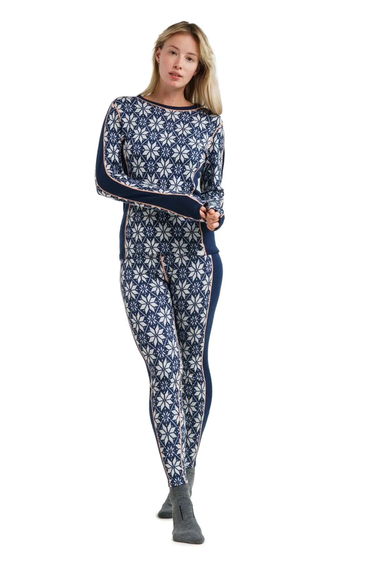 Women's Merino Wool Thermal Underwear Set 250g - Snowflake Navy Pattern - Base Layer for Winter, Skiing & Outdoor Activities