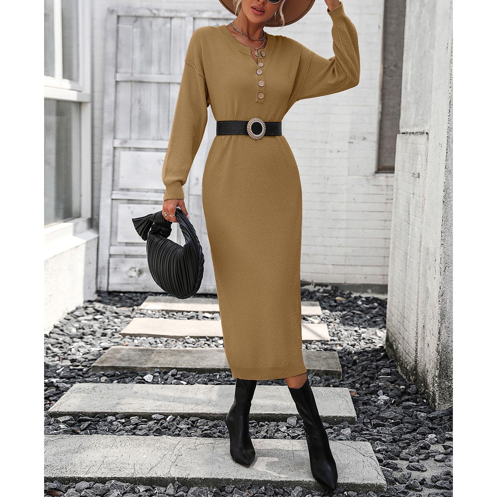 Women's Oversized V-Neck Button Long Sleeve Sweater Dress - Casual Loose Waffle Knit Maxi Pullover for Fall Winter Fashion | Perfect for Office, Date Night & Cozy Home Wear