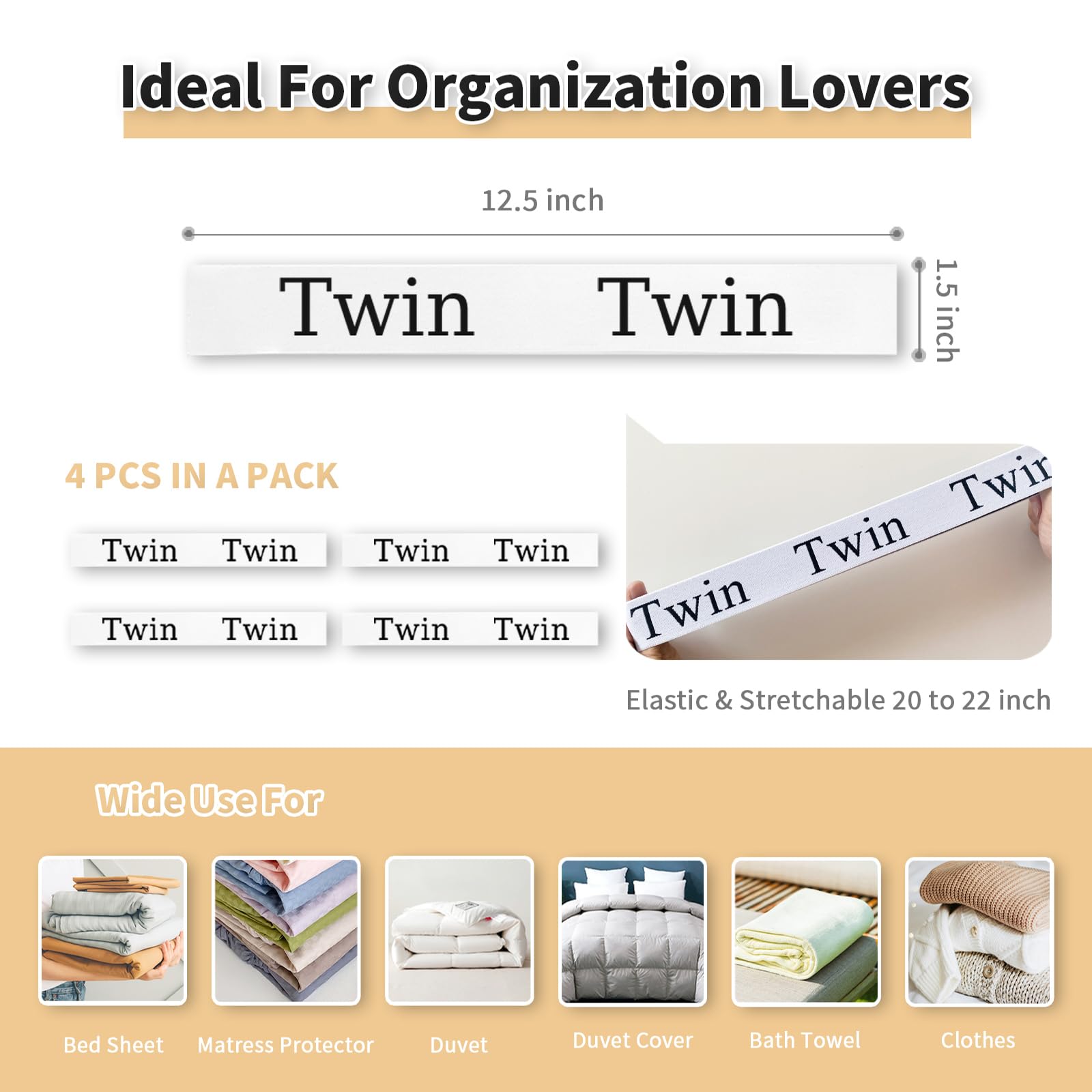 Elastic Bed Sheet Organizer Bands - 4 Pack Twin Size for Linen Closet & Laundry Room Storage - Labeled Sheet Fasteners for Pillow & Duvet Organization - Perfect for Home, Apartment, and Dorm Room Storage Solutions