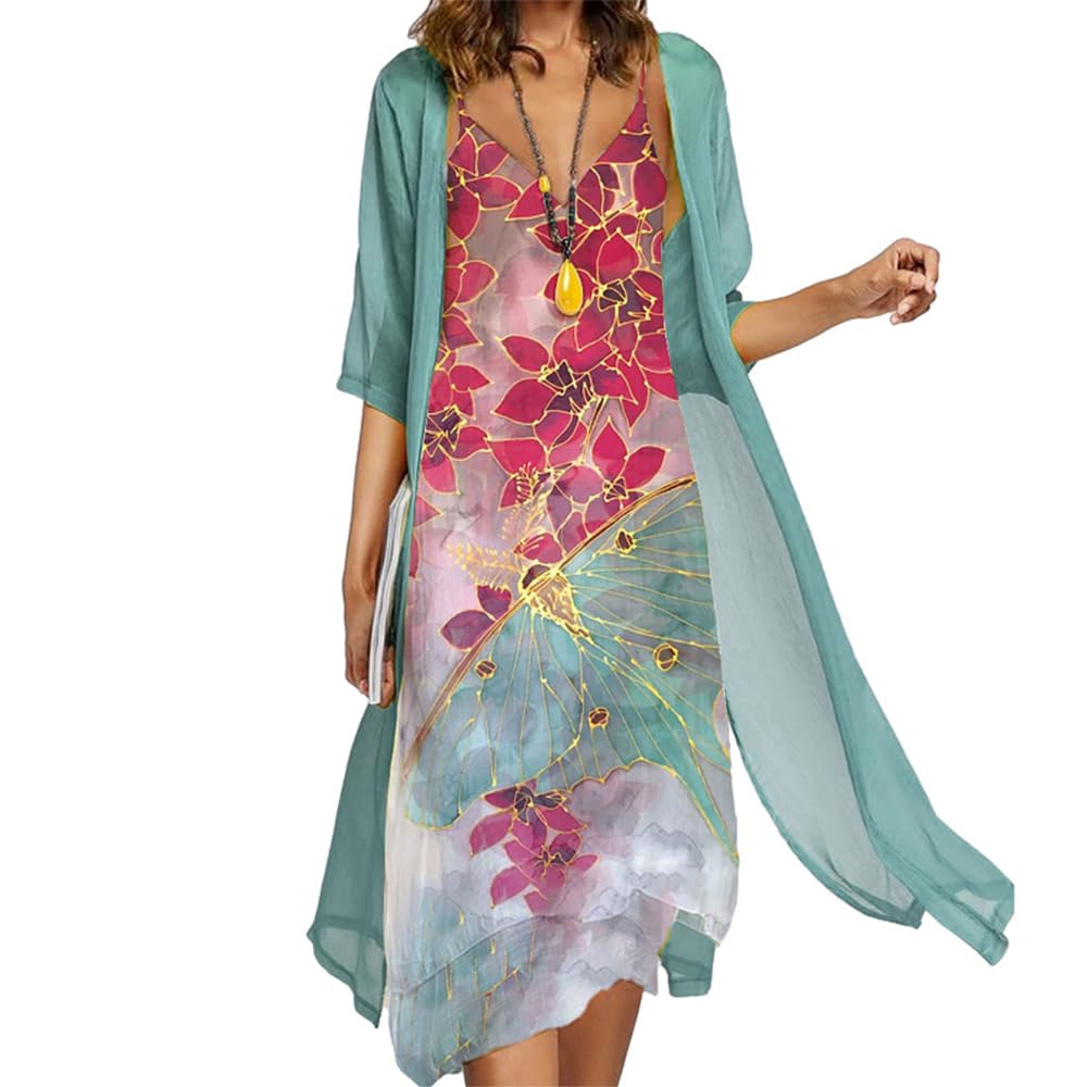 Floral Print Women's Two-Piece Midi Dress Set with Chiffon Cardigan - Plus Size Sleeveless Wedding Guest Outfit for Bridal Shower, Garden Party & Summer Events