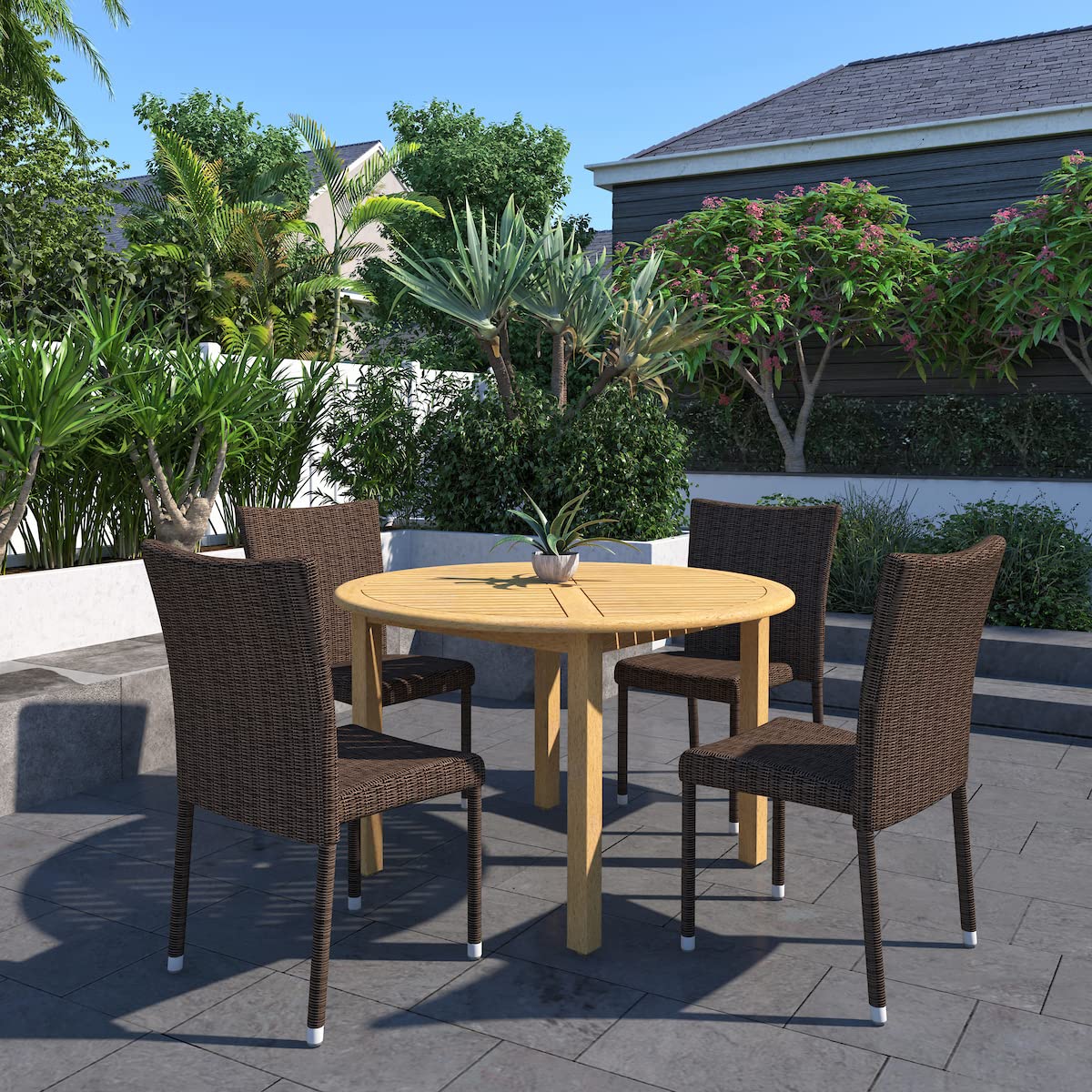 Brampton Lucca Round Outdoor Dining Table - Eucalyptus Wood with Teak Finish - Weather-Resistant Patio & Indoor Dining Table - Perfect for Backyard, Garden, Deck & Dining Room (Brown)