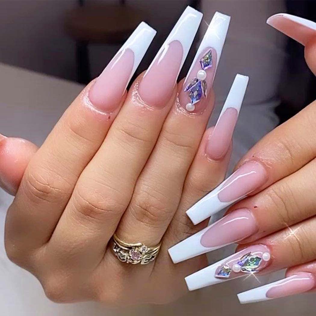 24pcs French Coffin Press-on Nails with Rhinestone Designs - Acrylic Fake Nails for Women & Girls - Ballerina False Nails for Parties, Weddings & Special Occasions