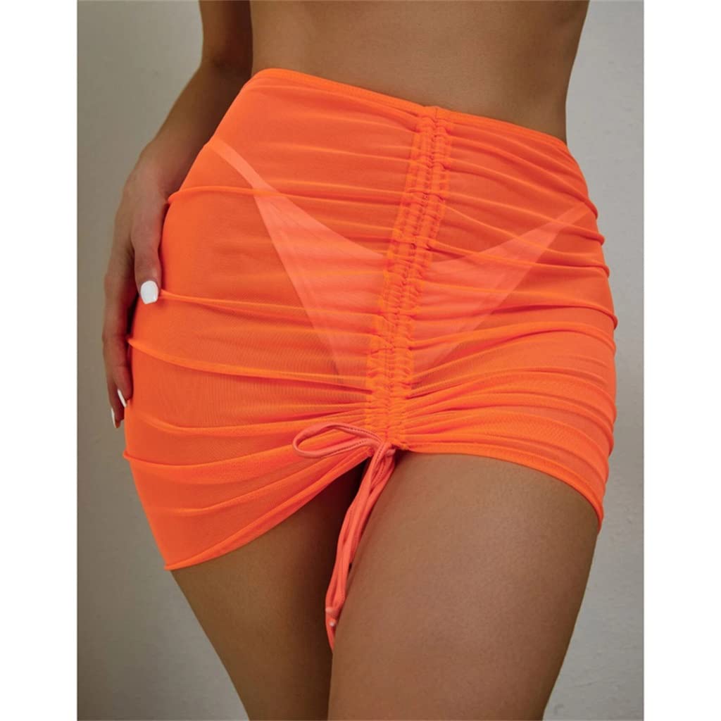 EKDSPW Women's Sexy Beach Cover Up Wrap Swimwear Bikini Skirt - Solid Orange Drawstring Design for Pool, Vacation & Summer Outfits (Size: M)